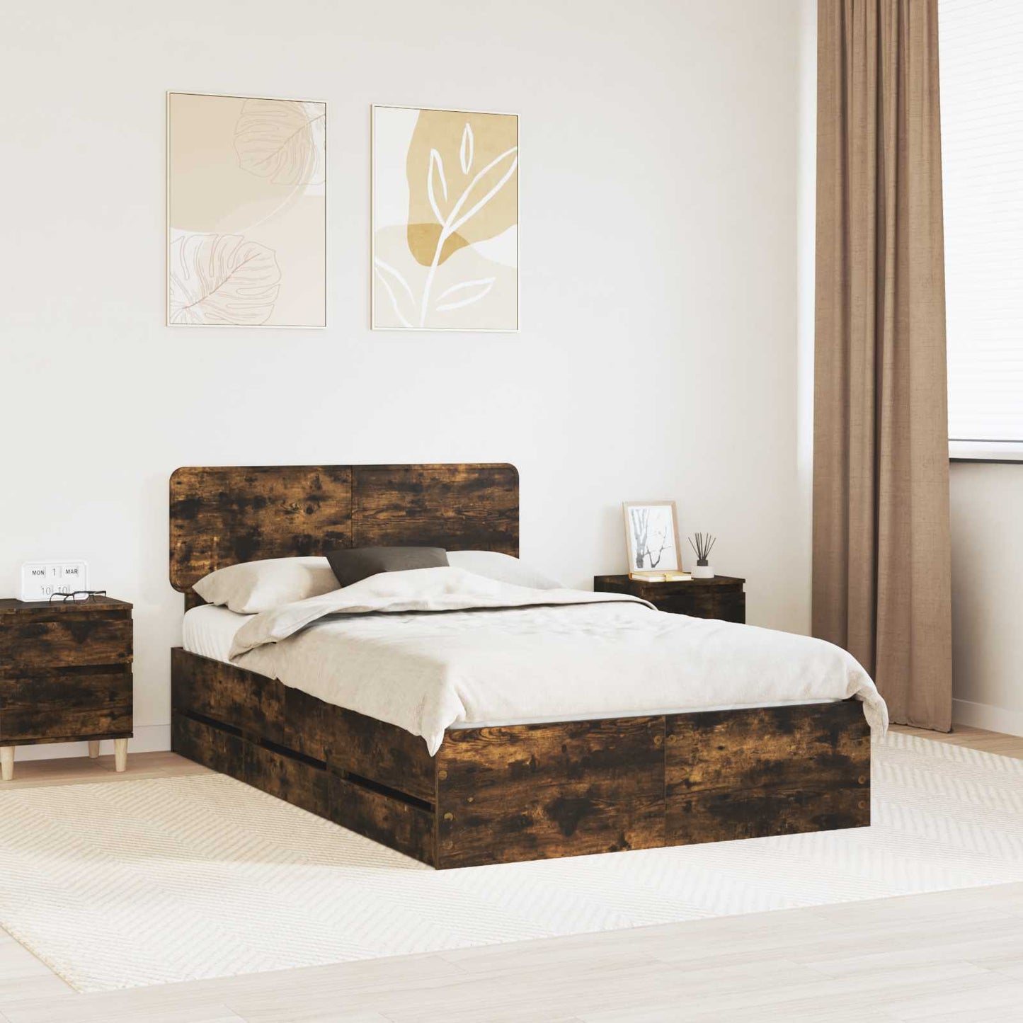 Bed Frame with Drawer Smoked Oak 120 x 190 cm Engineered Wood