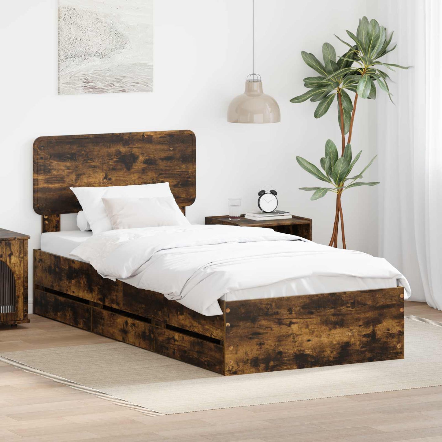 Bed Frame with Drawer Smoked Oak 100 x 200 cm Engineered Wood