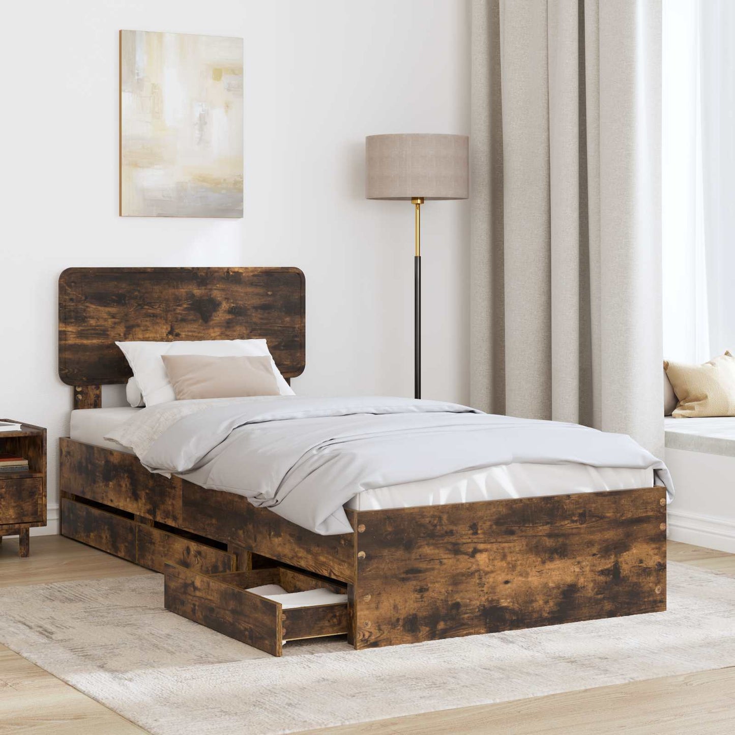 Bed Frame with Drawer Smoked Oak 90 x 190 cm Engineered Wood