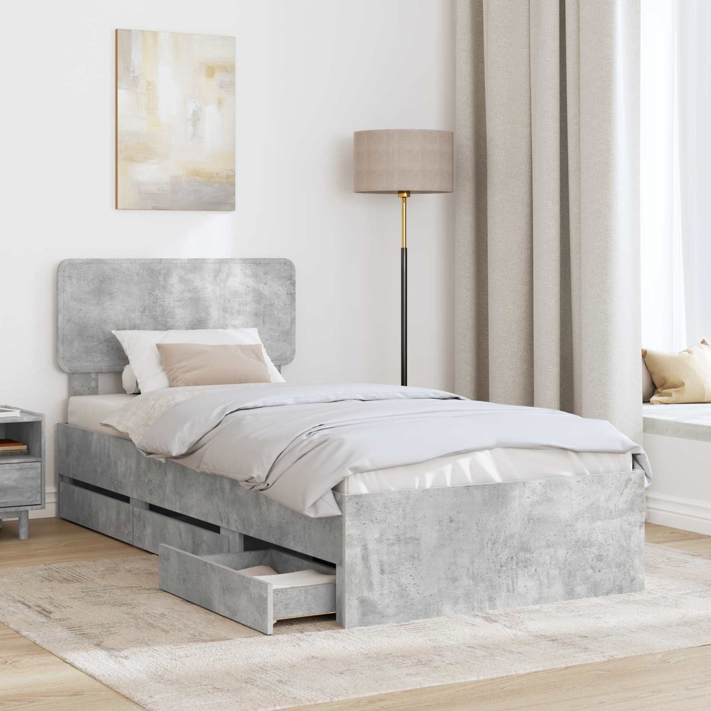 Bed Frame with Drawer Concrete Grey 75 x 190 cm Engineered Wood