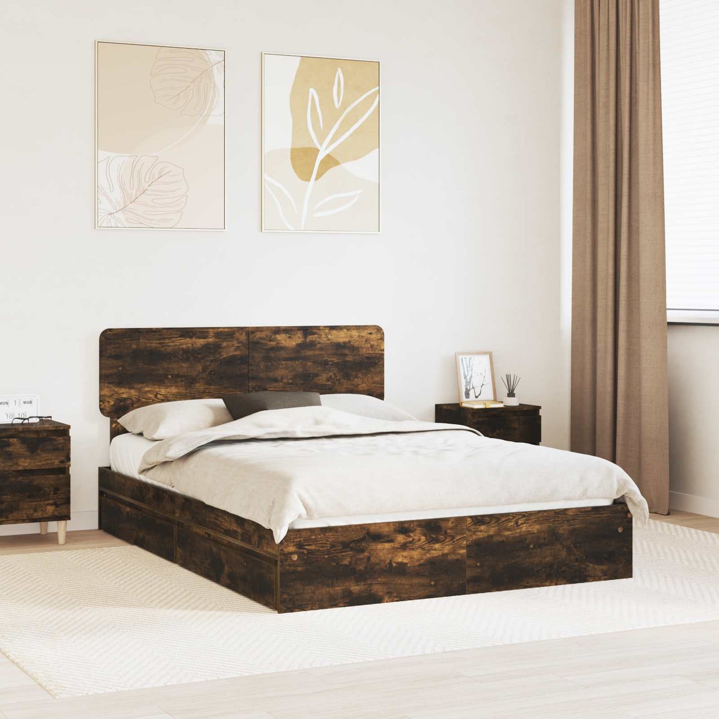 Storage Bed with Drawer Smoked Oak 160 x 200 cm Engineered Wood