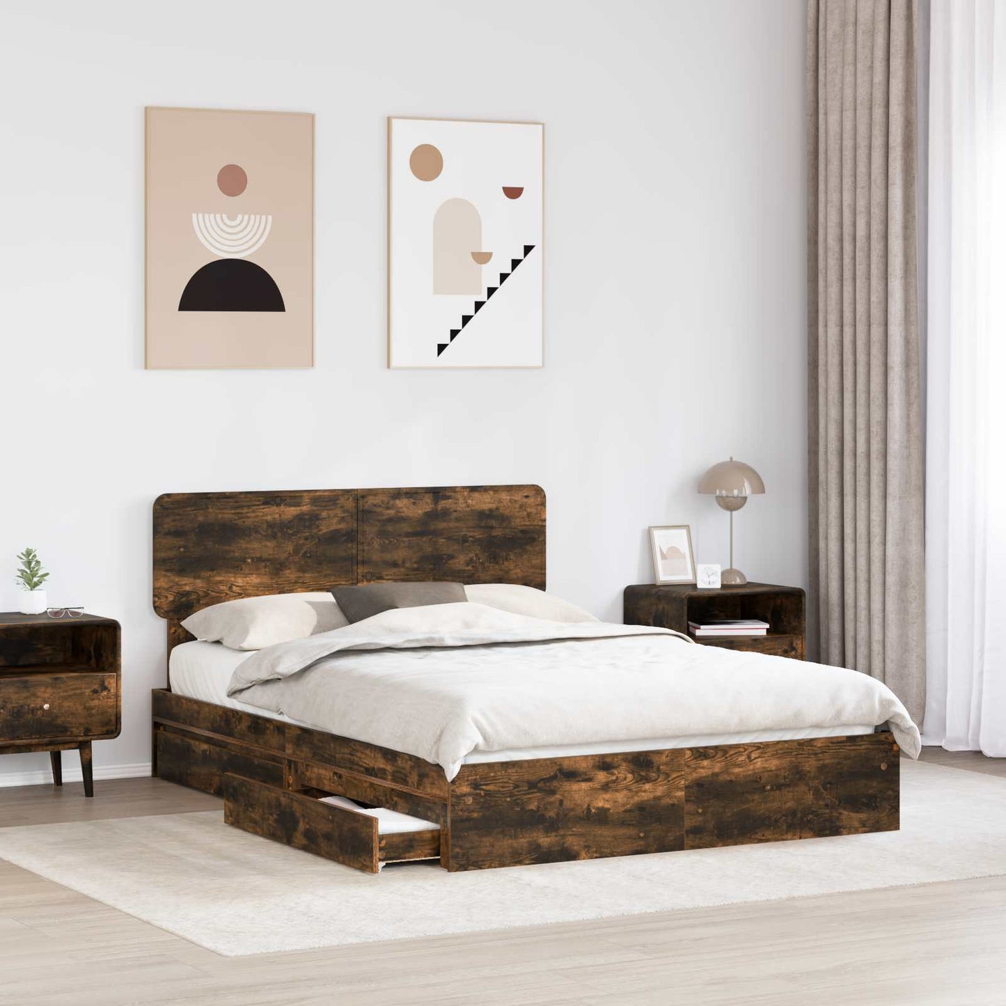 Storage Bed with Drawer Smoked Oak 160 x 200 cm Engineered Wood