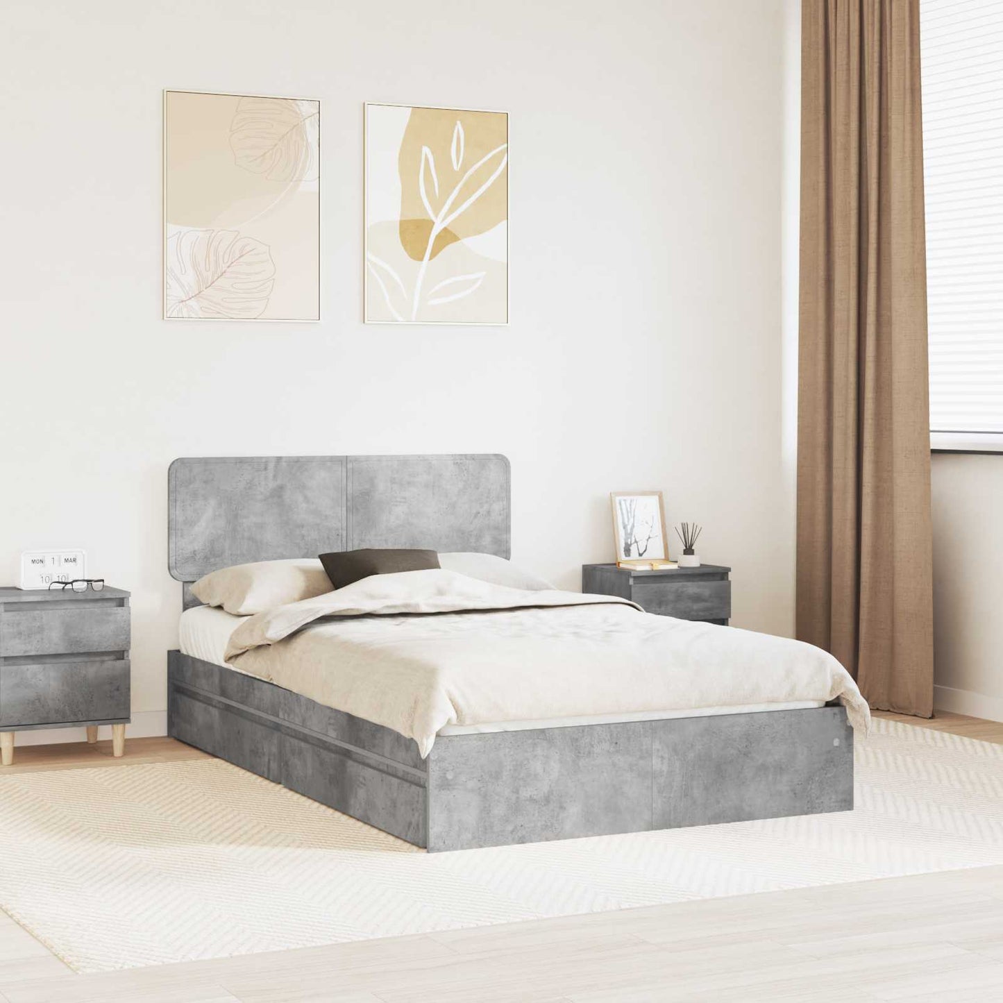 Storage Bed Concrete Grey 135 x 190 cm Engineered Wood
