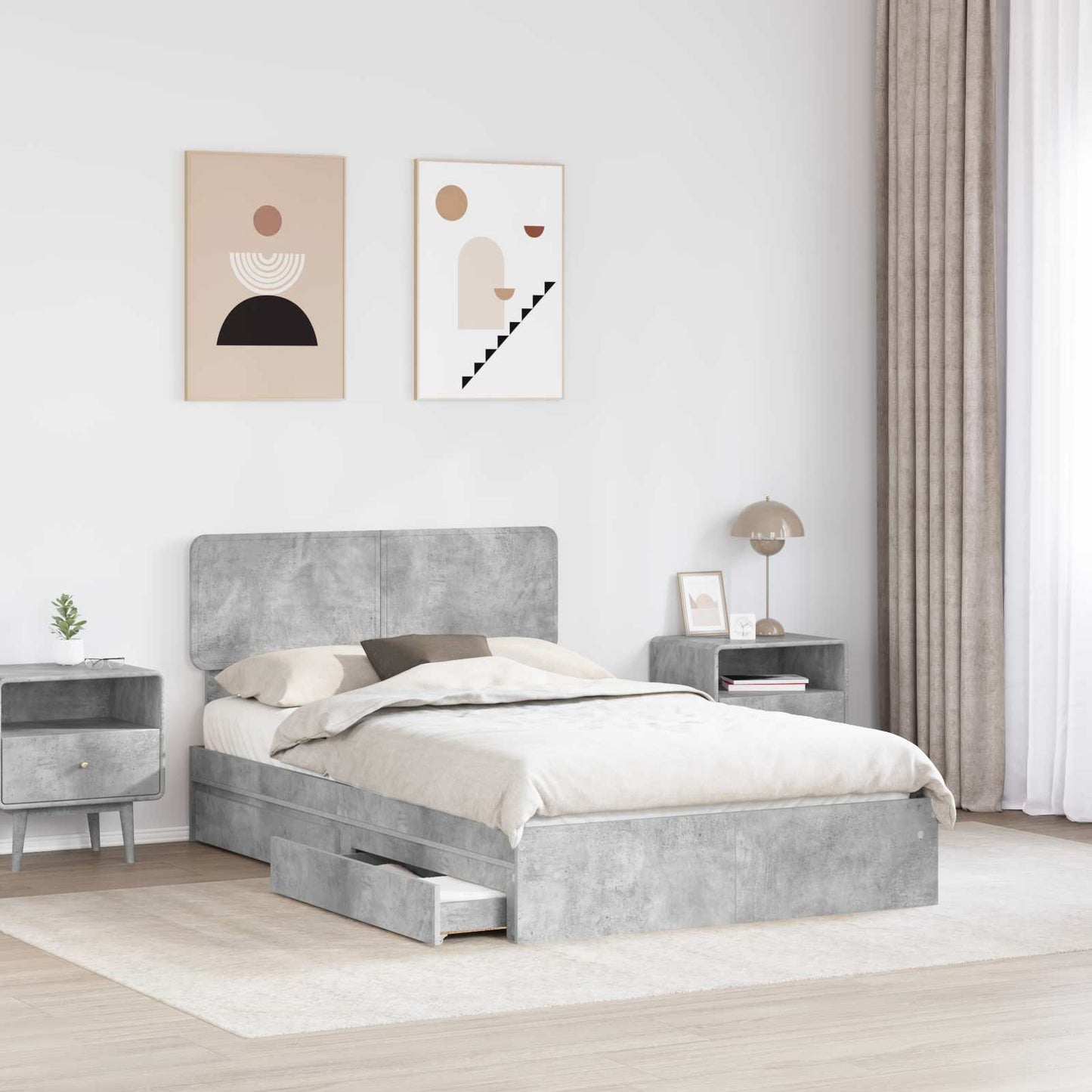 Storage Bed Concrete Grey 135 x 190 cm Engineered Wood