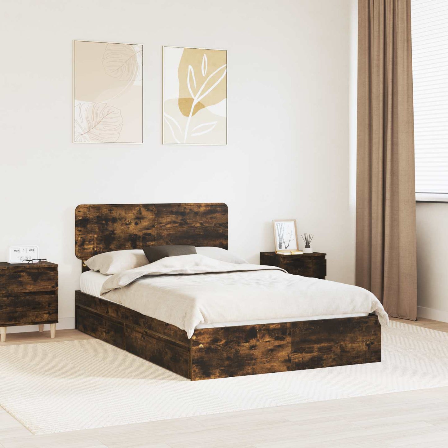 Storage Bed with Drawer Smoked Oak 135 x 190 cm Engineered Wood