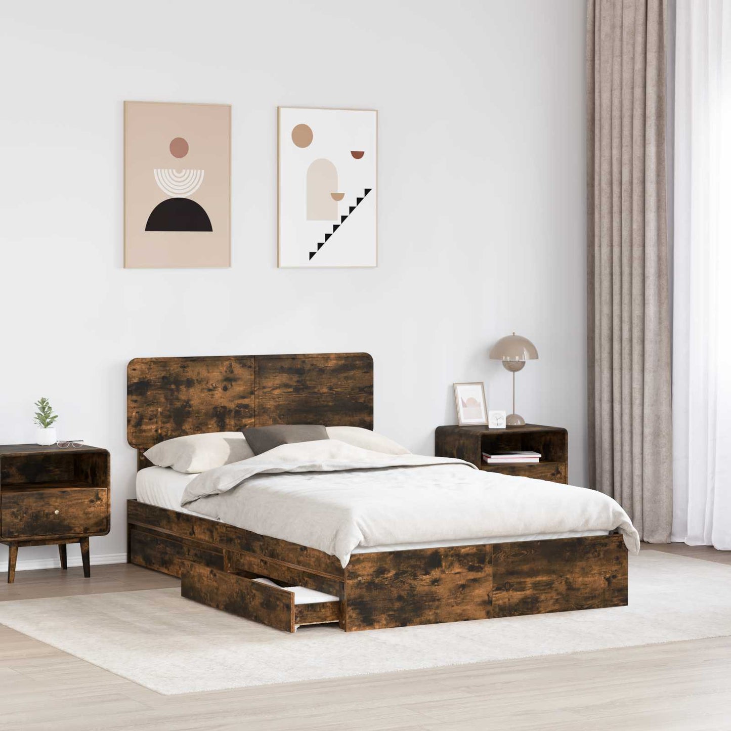 Storage Bed with Drawer Smoked Oak 135 x 190 cm Engineered Wood