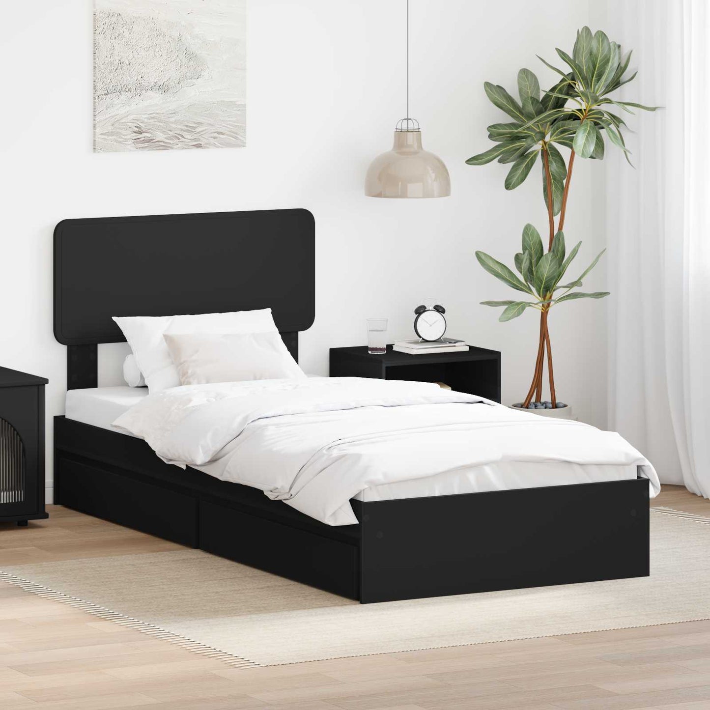 Storage Bed with Headboard Black 90 x 190 cm Engineered Wood