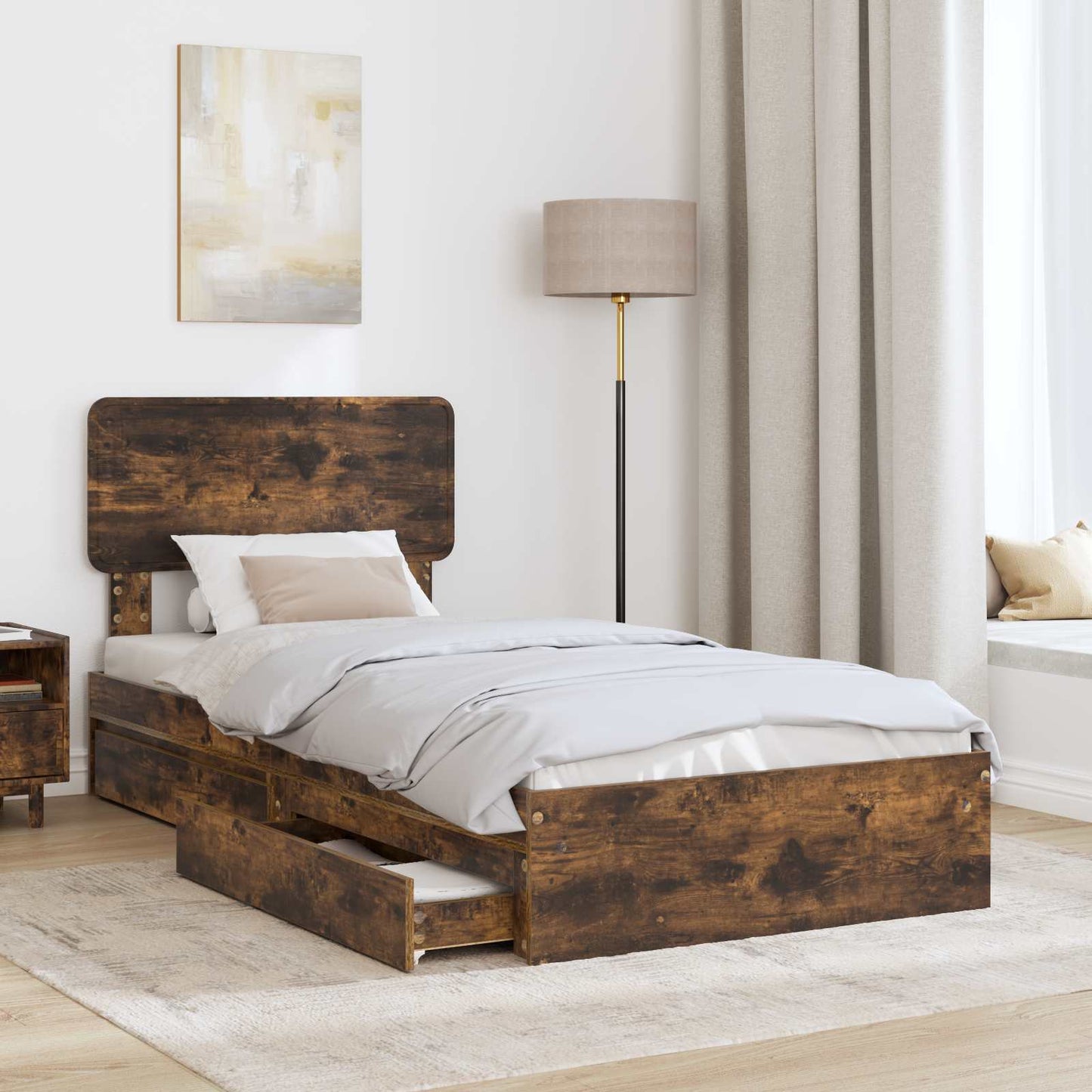 Storage Bed with Drawer Smoked Oak 75 x 190 cm Engineered Wood