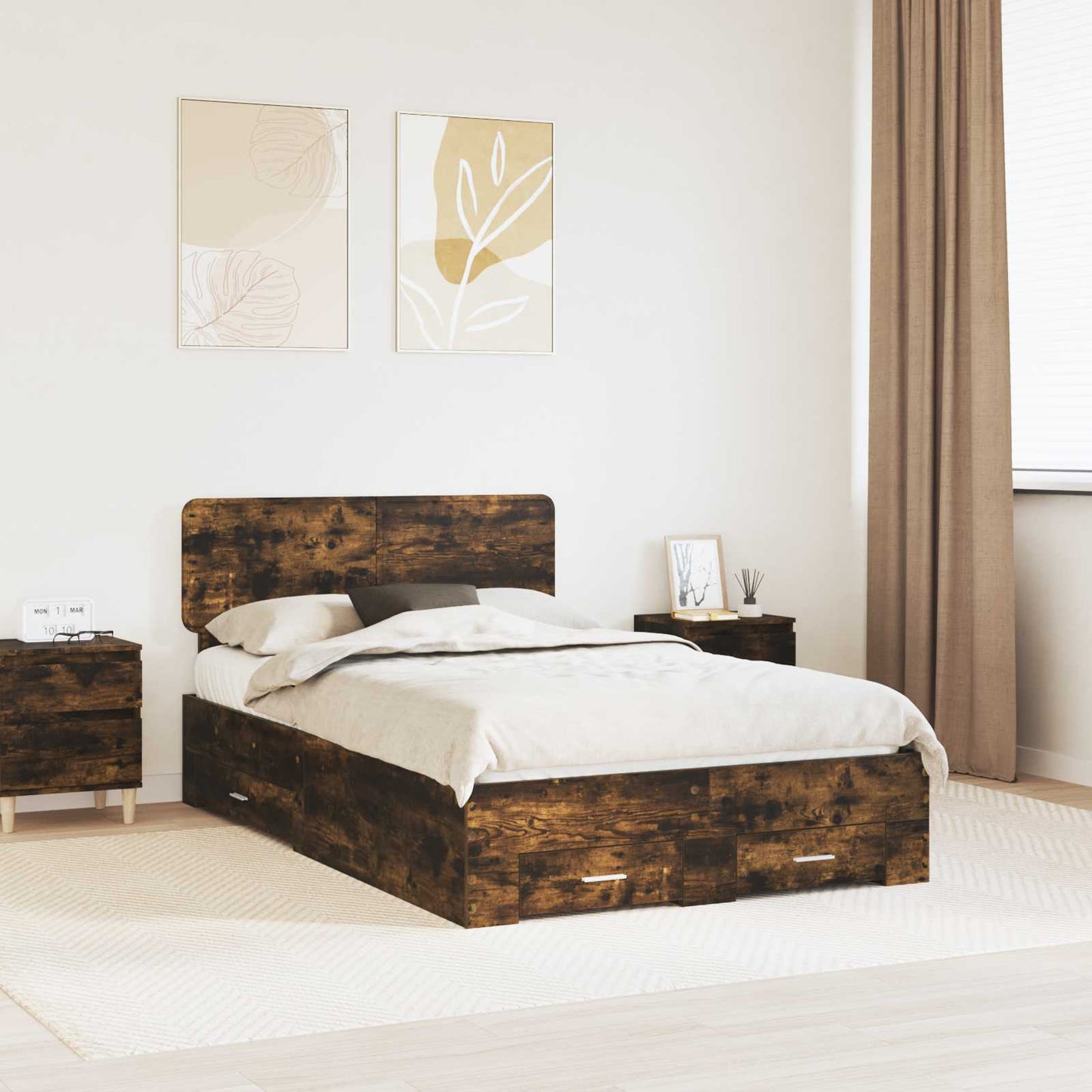 Bed Frame with Drawer Smoked Oak 135 x 190 cm Engineered Wood