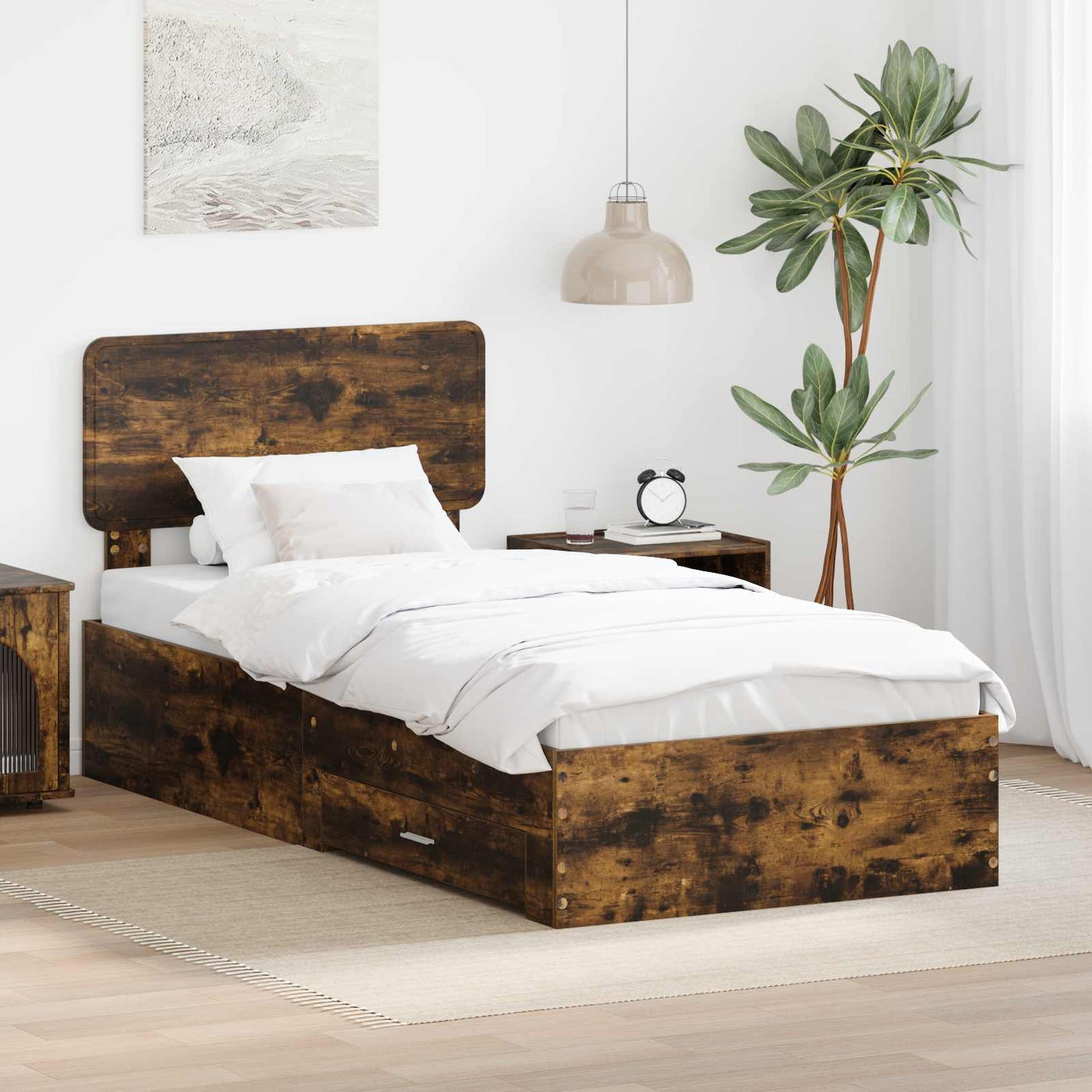 Bed Frame with Drawer Smoked Oak 100 x 200 cm Engineered Wood