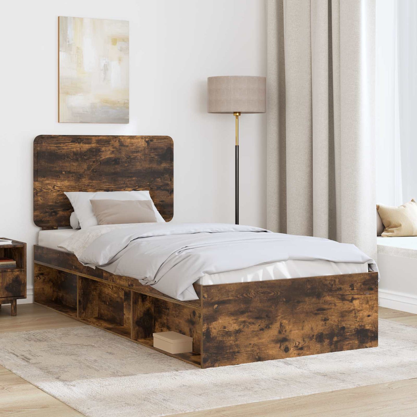 Bed Frame with Headboard Smoked Oak 75 x 190 cm Solid Pine Wood