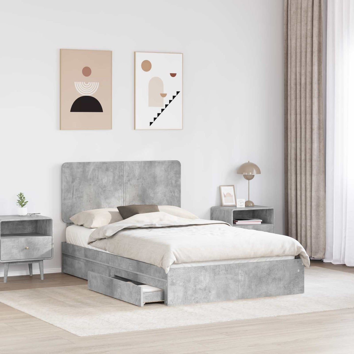 Storage Bed Concrete Grey 135 x 190 cm Engineered Wood