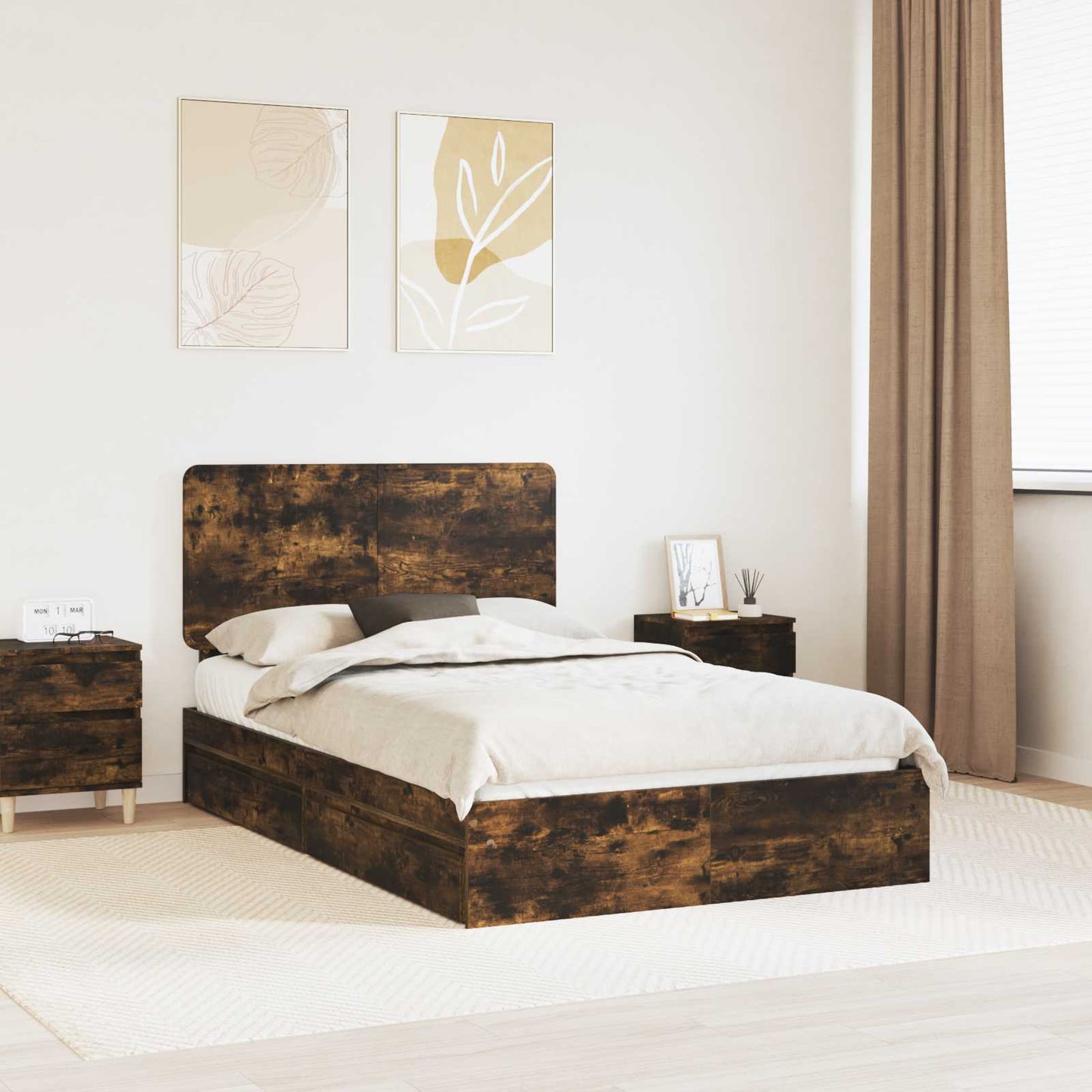 Storage Bed with Drawer Smoked Oak 135 x 190 cm Engineered Wood
