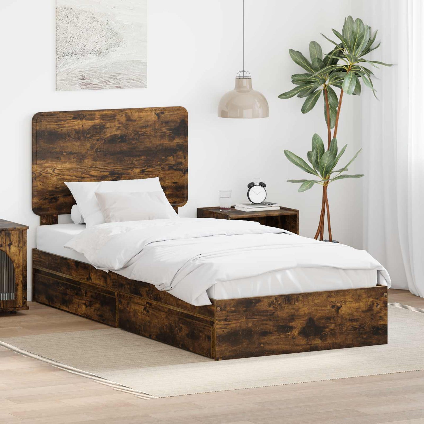 Storage Bed with Drawer Smoked Oak 90 x 200 cm Engineered Wood
