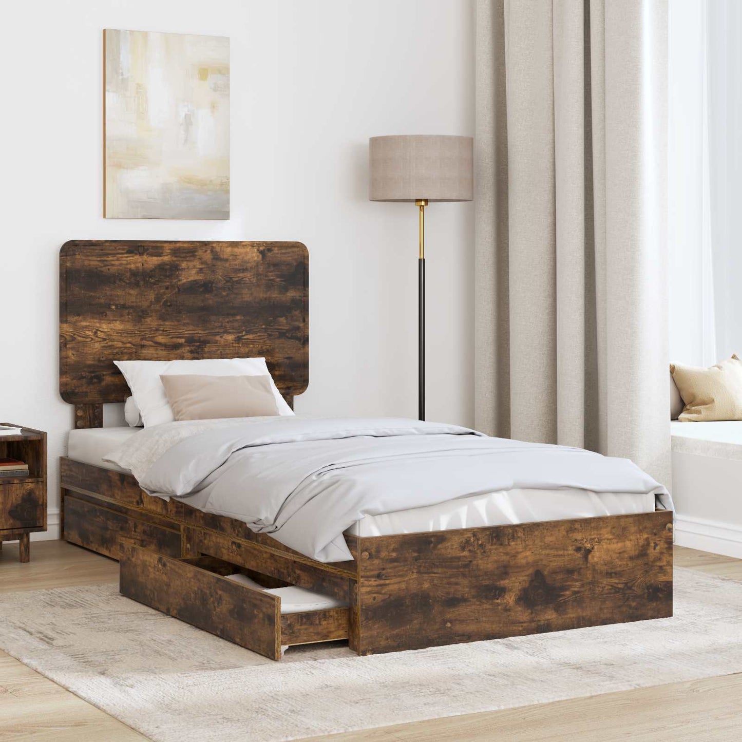 Storage Bed with Drawer Smoked Oak 90 x 190 cm Engineered Wood