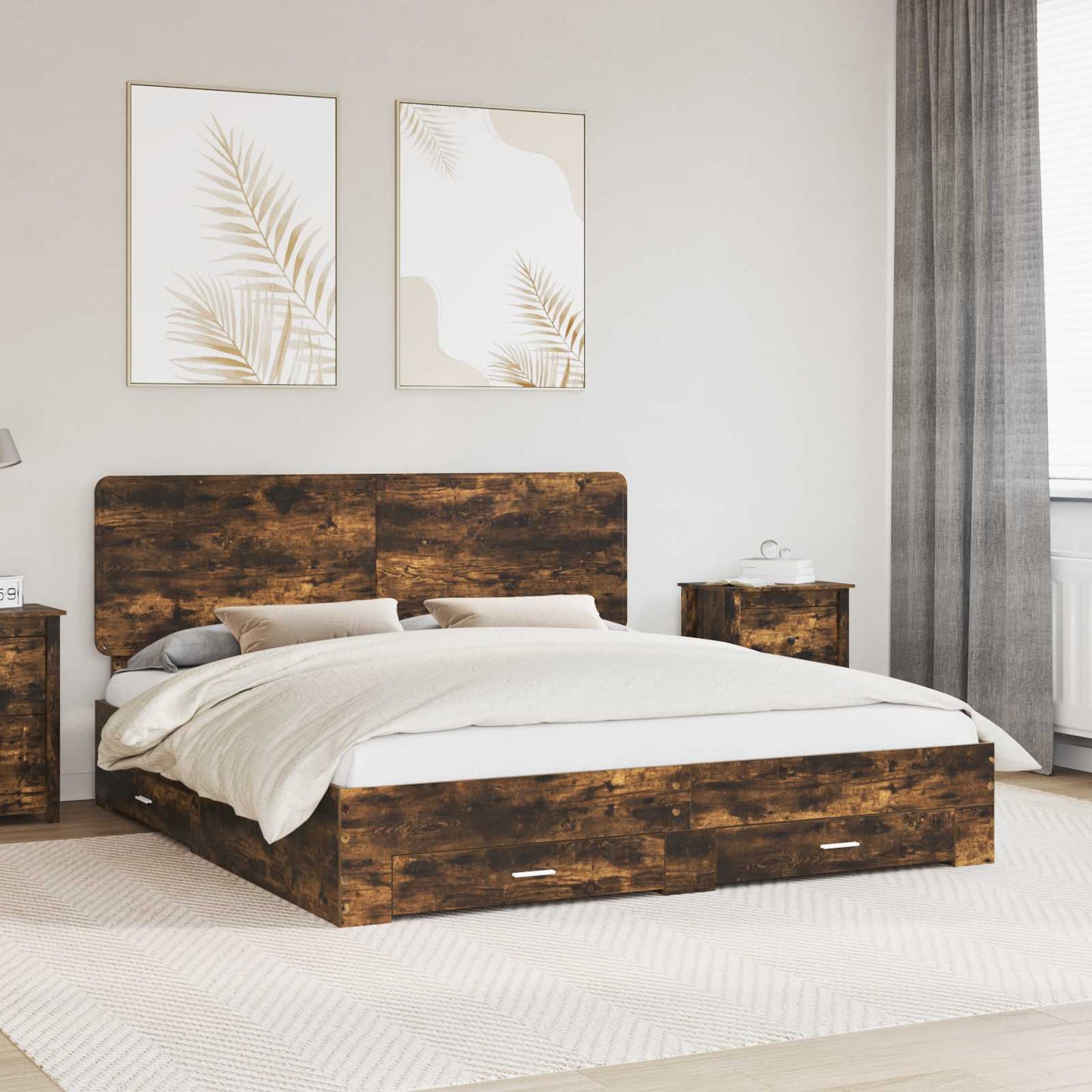 Bed Frame with Drawer Smoked Oak 200 x 200 cm Engineered Wood