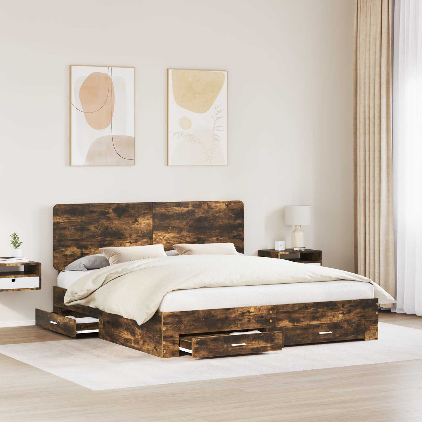 Bed Frame with Drawer Smoked Oak 200 x 200 cm Engineered Wood