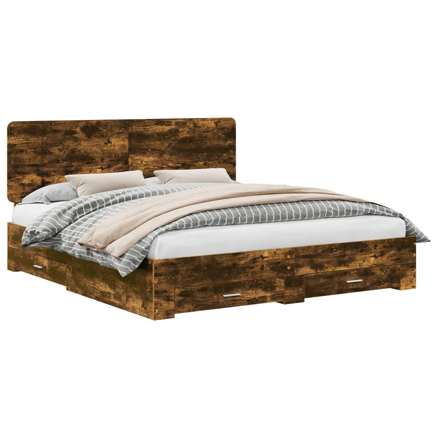 Bed Frame with Drawer Smoked Oak 200 x 200 cm Engineered Wood
