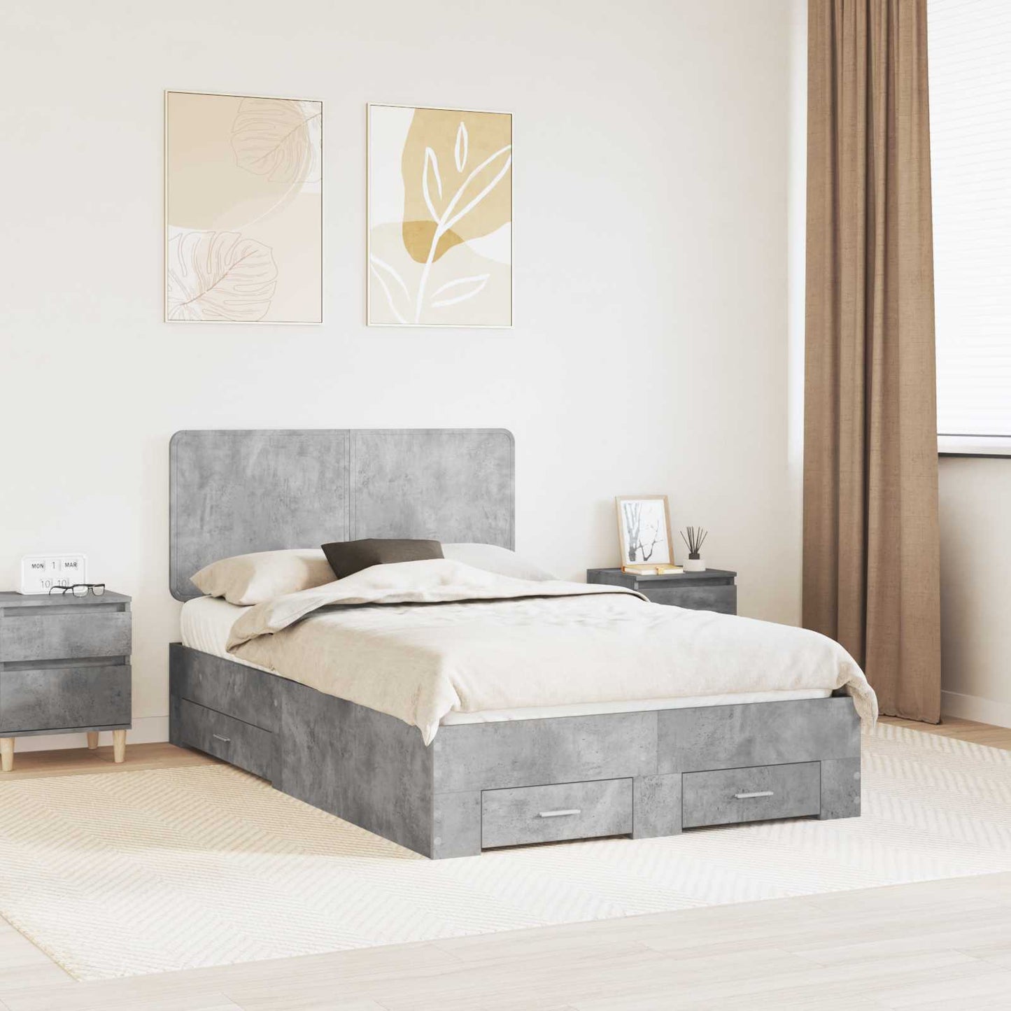 Bed Frame Concrete Grey 135 x 190 cm Engineered Wood