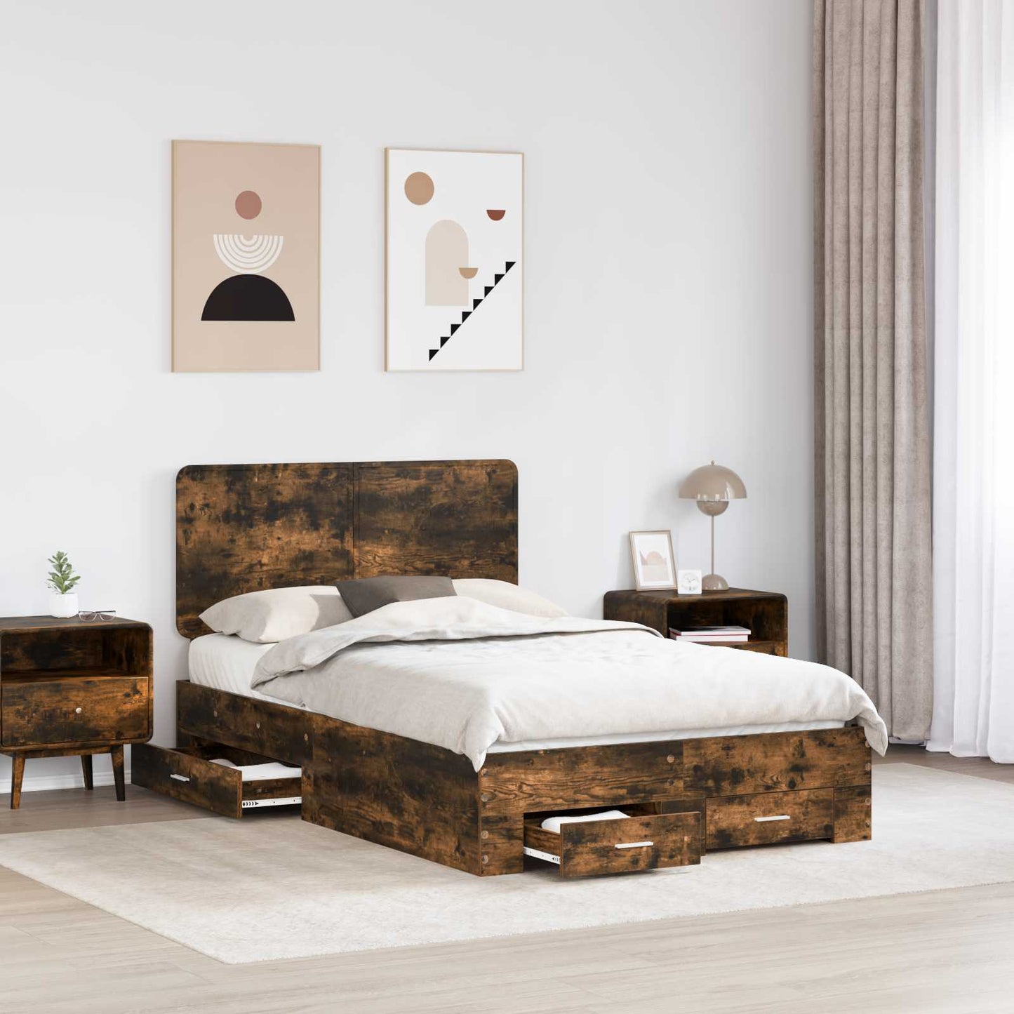Bed Frame with Drawer Smoked Oak 135 x 190 cm Engineered Wood