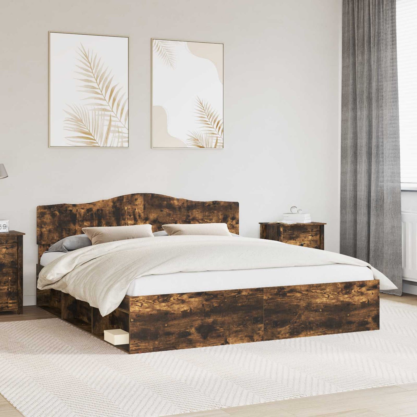 Bed Frame Smoked Oak 200 x 200 cm Solid Pine Wood