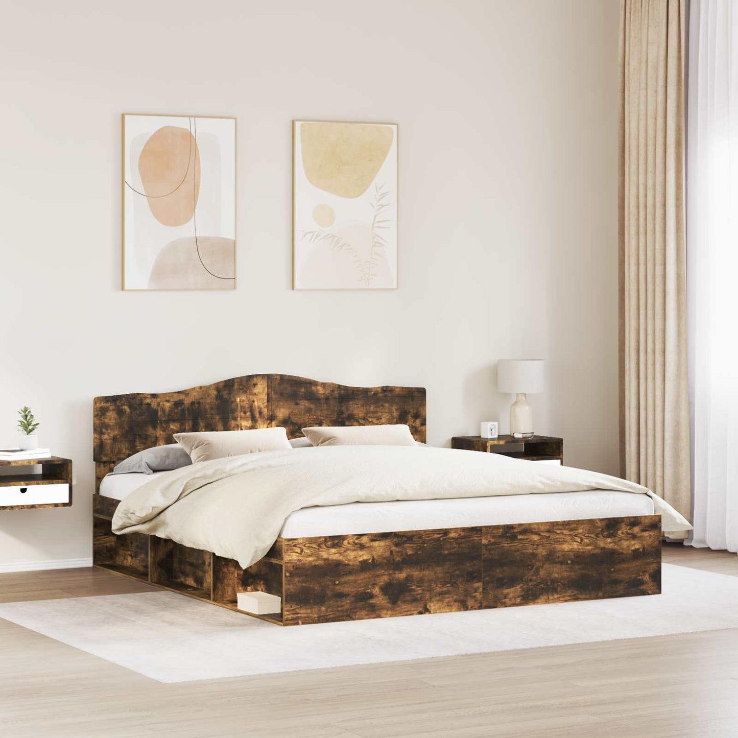 Bed Frame Smoked Oak 200 x 200 cm Solid Pine Wood