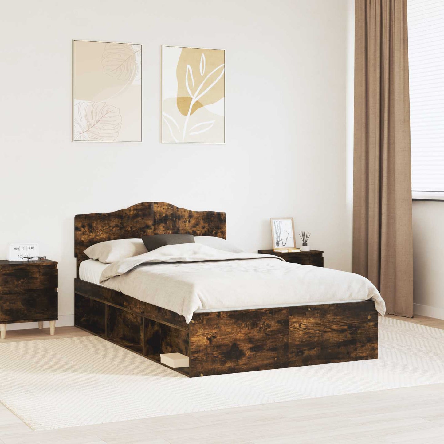 Bed Frame Smoked Oak 135 x 190 cm Solid Pine Wood