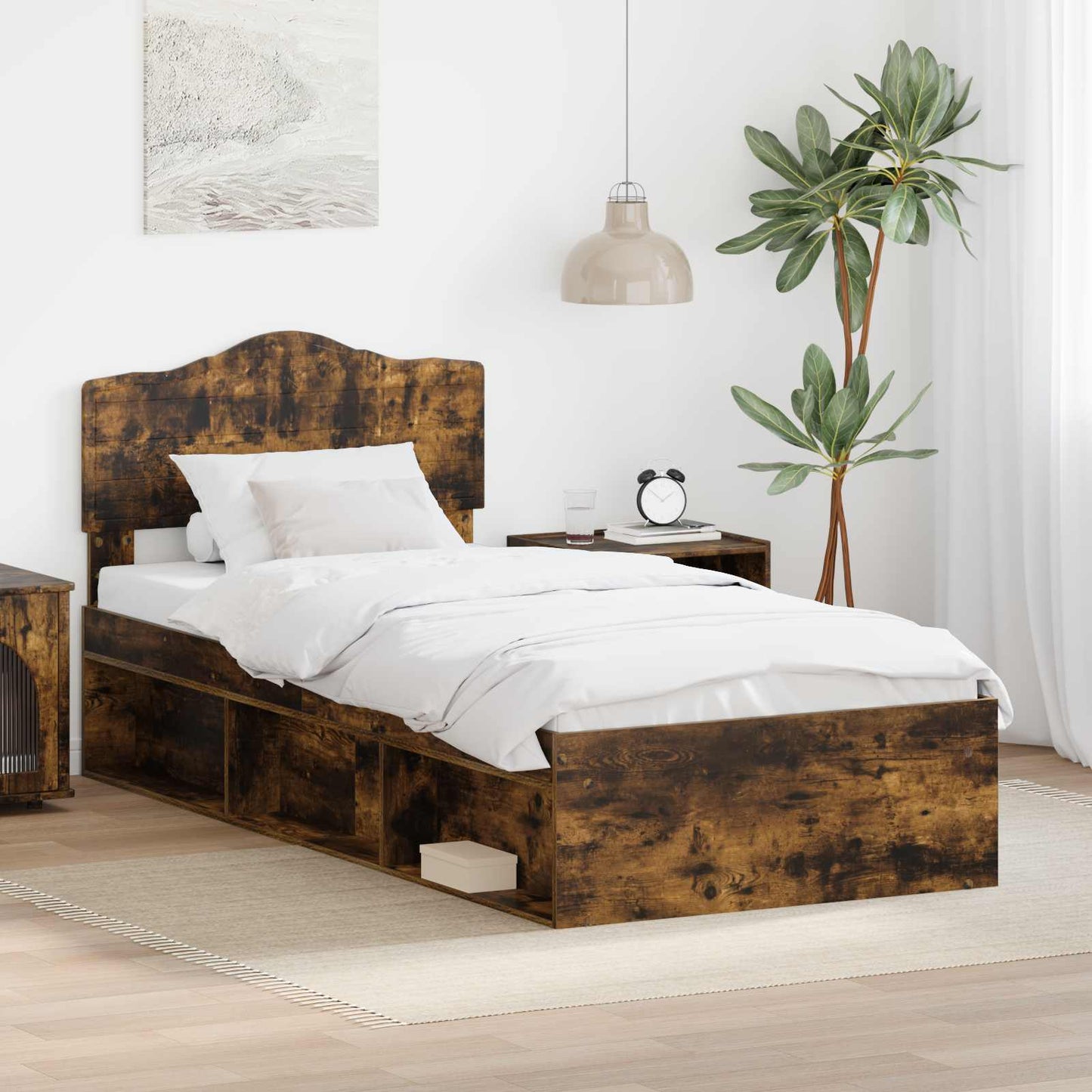 Bed Frame with Headboard Smoked Oak 75 x 190 cm Solid Pine Wood