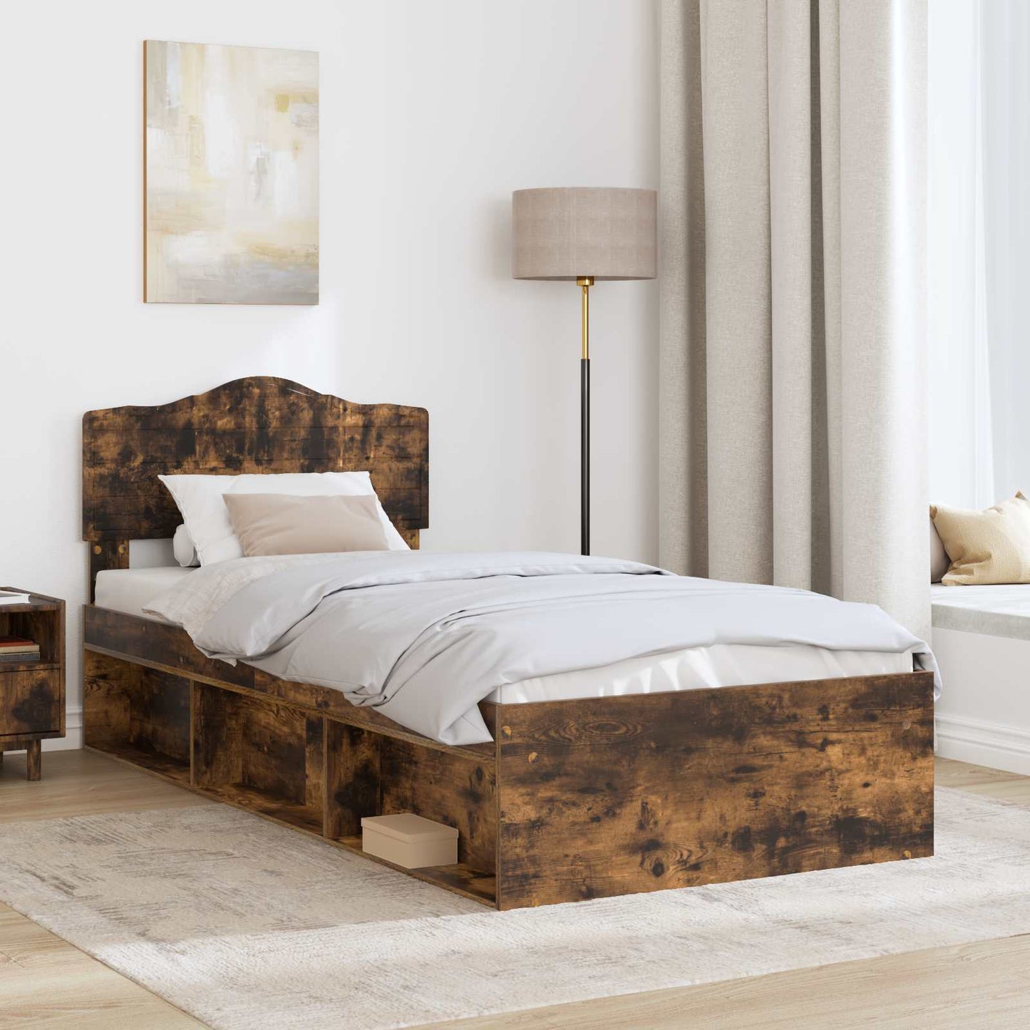 Bed Frame with Headboard Smoked Oak 75 x 190 cm Solid Pine Wood
