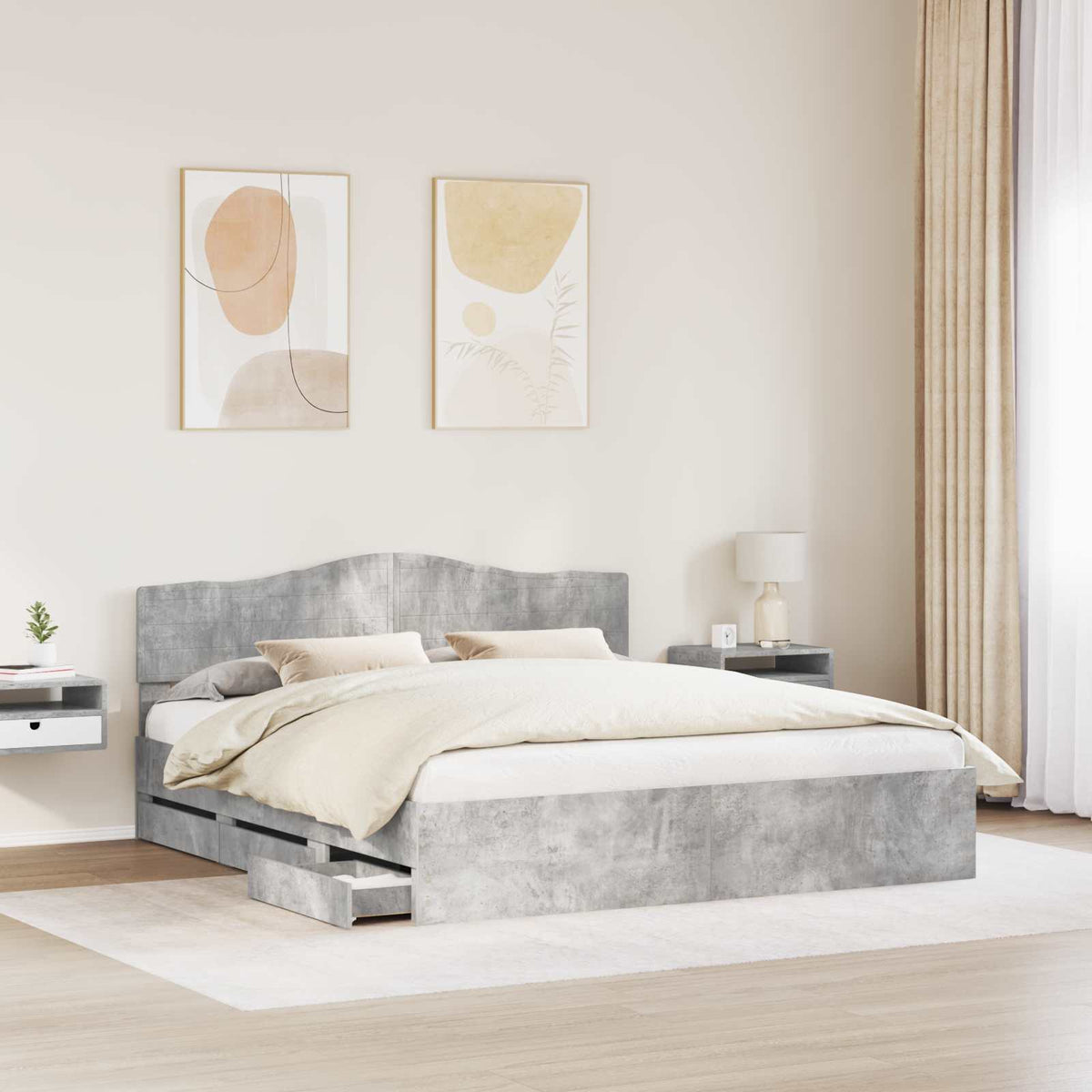 Bed Frame with Drawer Concrete Grey 200 x 200 cm Engineer Wood