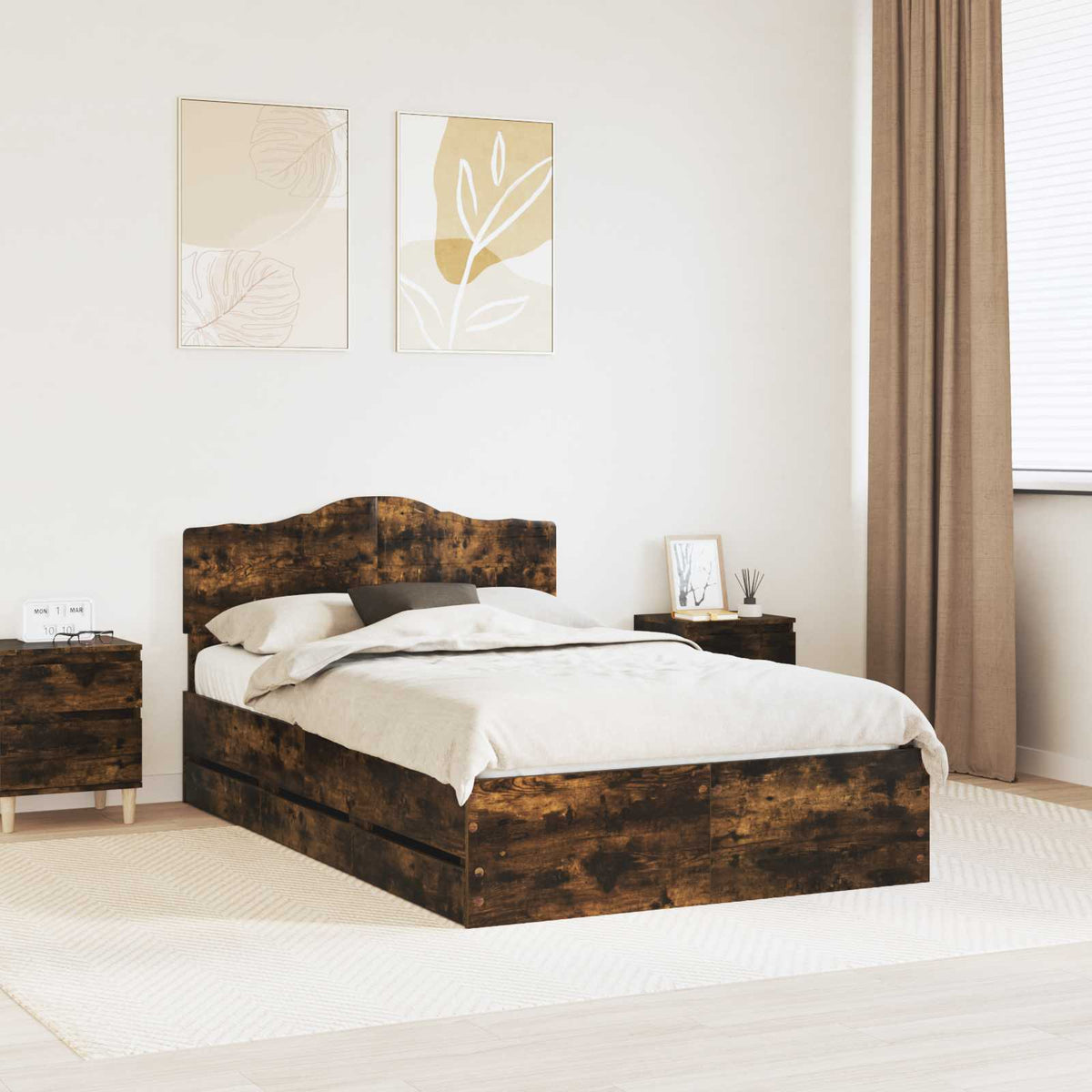 Bed Frame with Drawer Smoked Oak 120 x 190 cm Engineer Wood