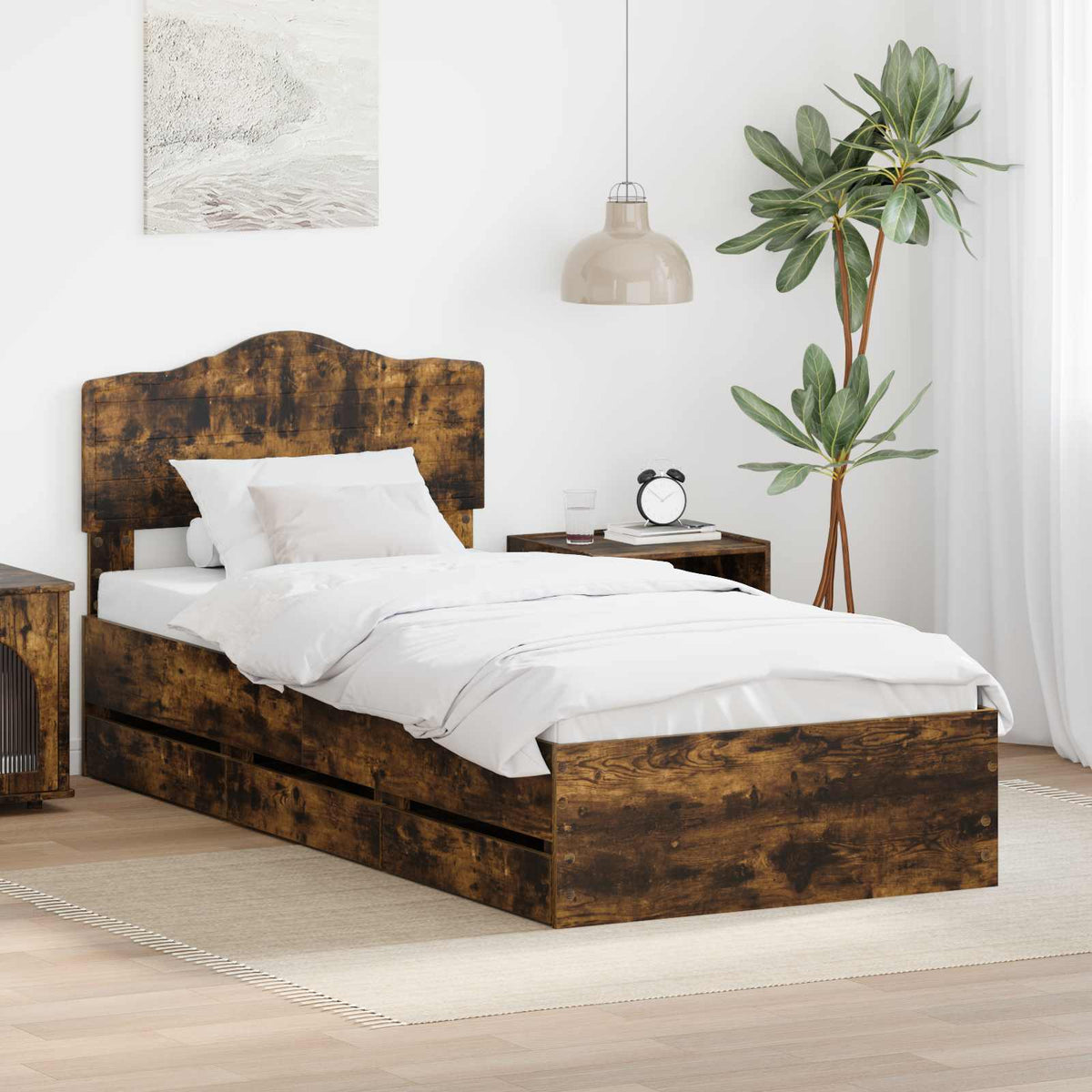 Bed Frame with Drawer Smoked Oak 90 x 190 cm Engineer Wood