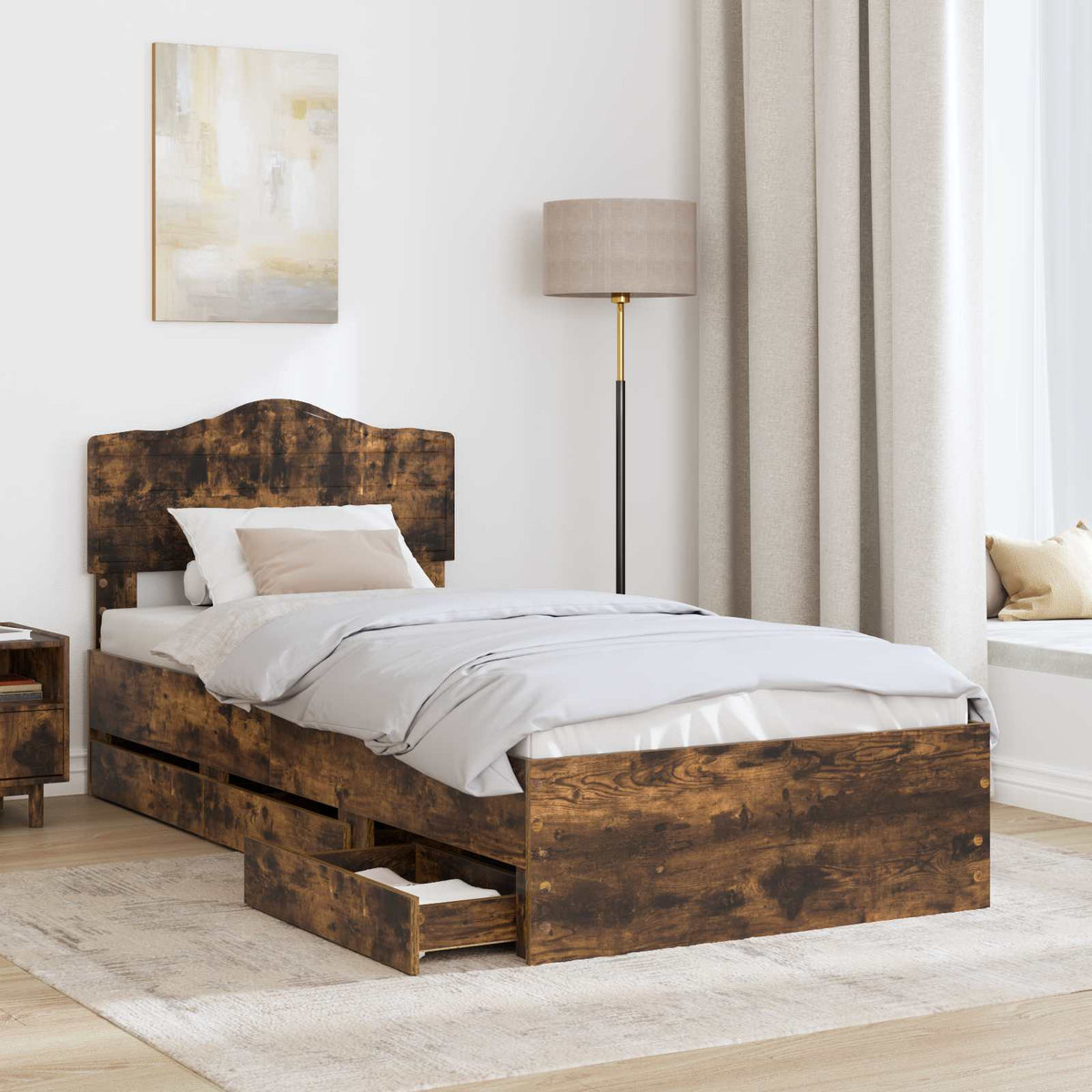 Bed Frame with Drawer Smoked Oak 90 x 190 cm Engineer Wood