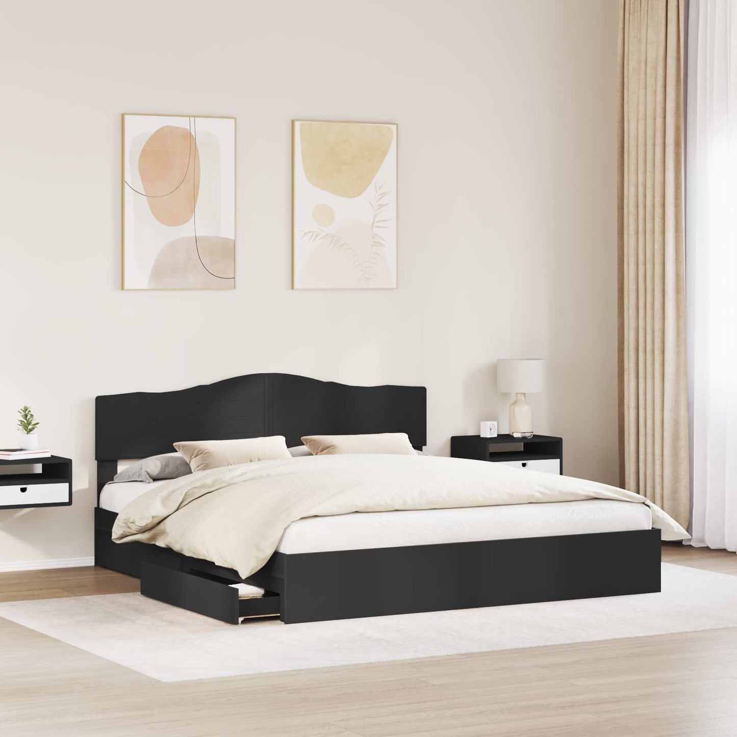 Storage Bed with Headboard Black 200 x 200 cm Engineered Wood
