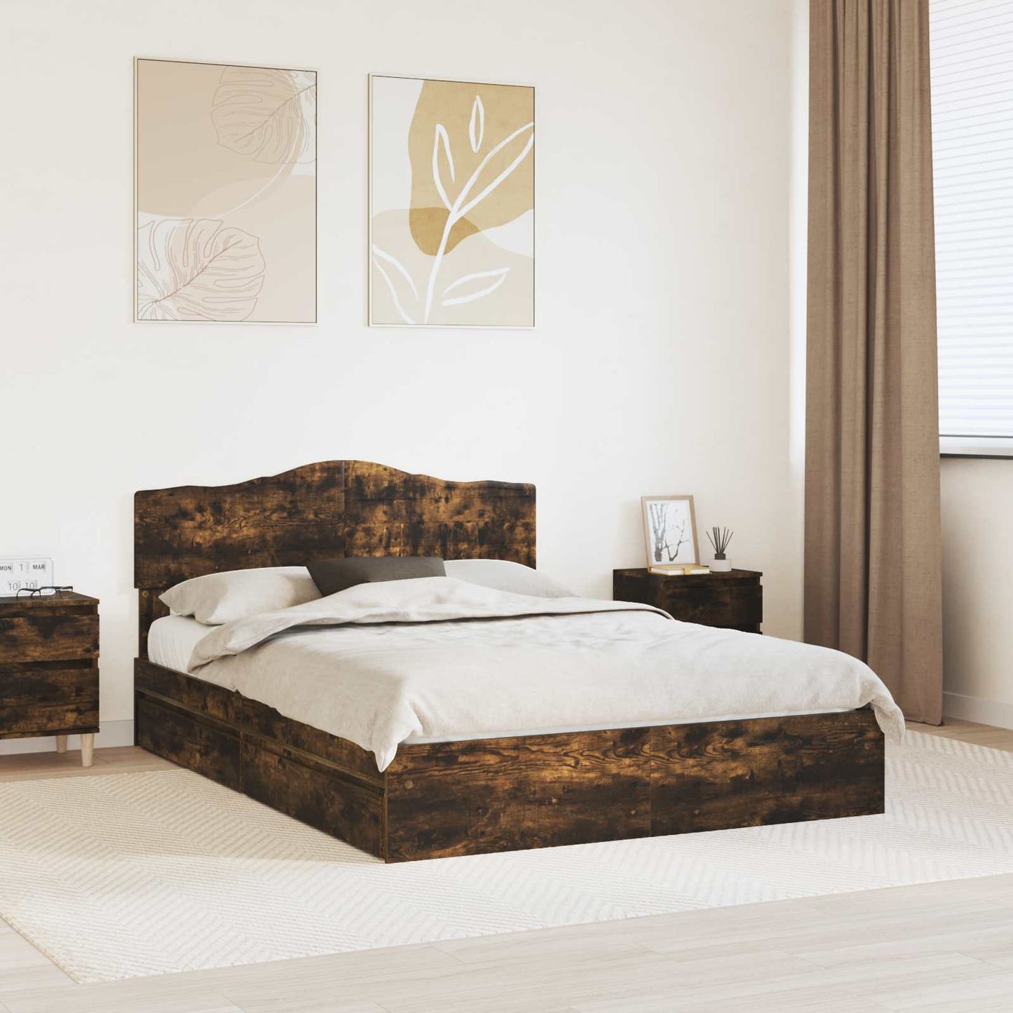 Storage Bed with Drawer Smoked Oak 160 x 200 cm Engineered Wood
