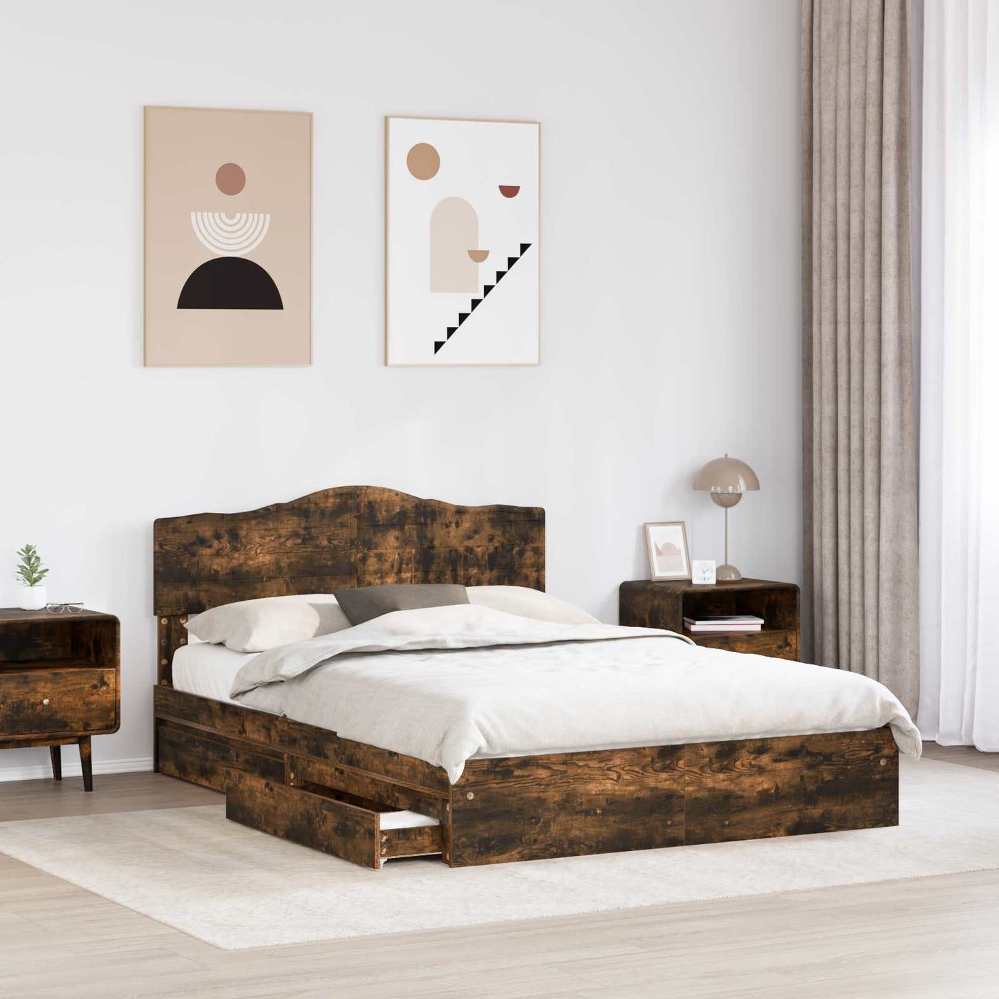 Storage Bed with Drawer Smoked Oak 160 x 200 cm Engineered Wood