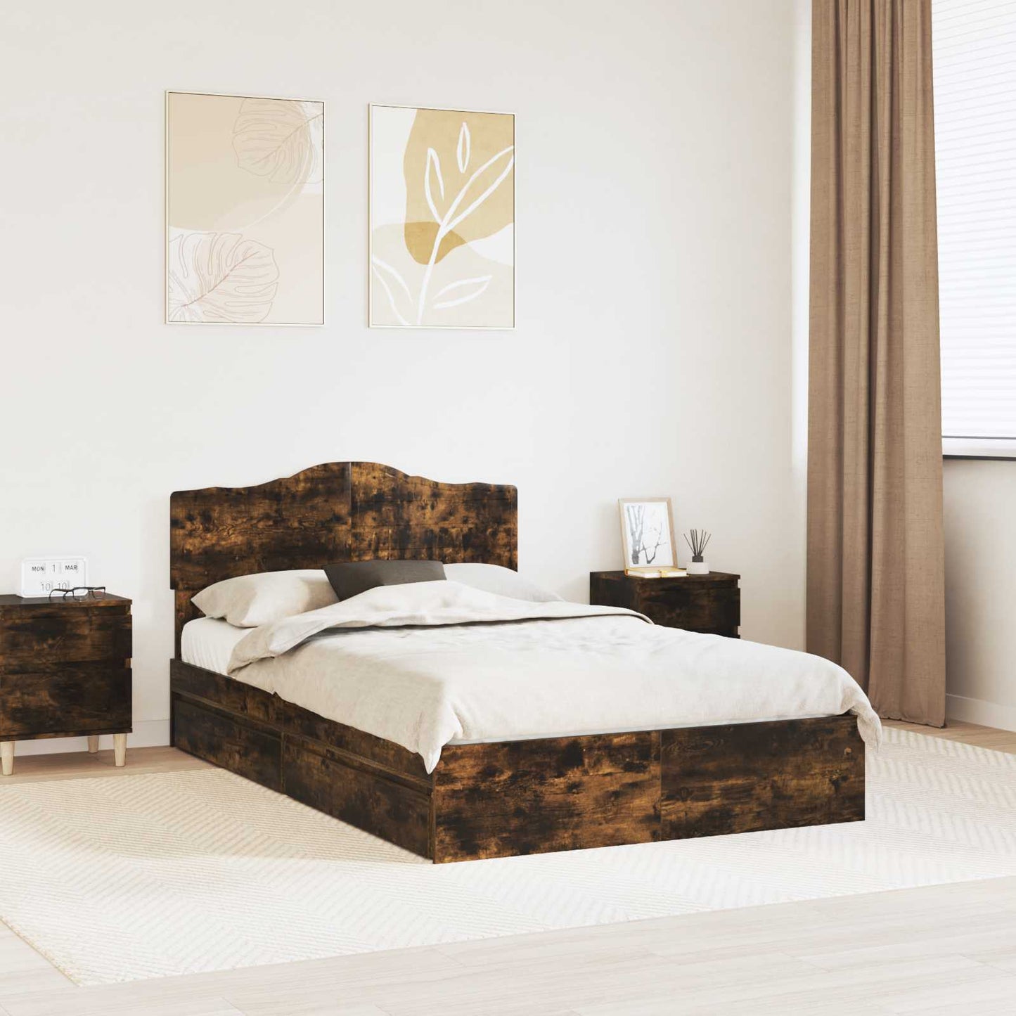 Storage Bed with Drawer Smoked Oak 135 x 190 cm Engineered Wood