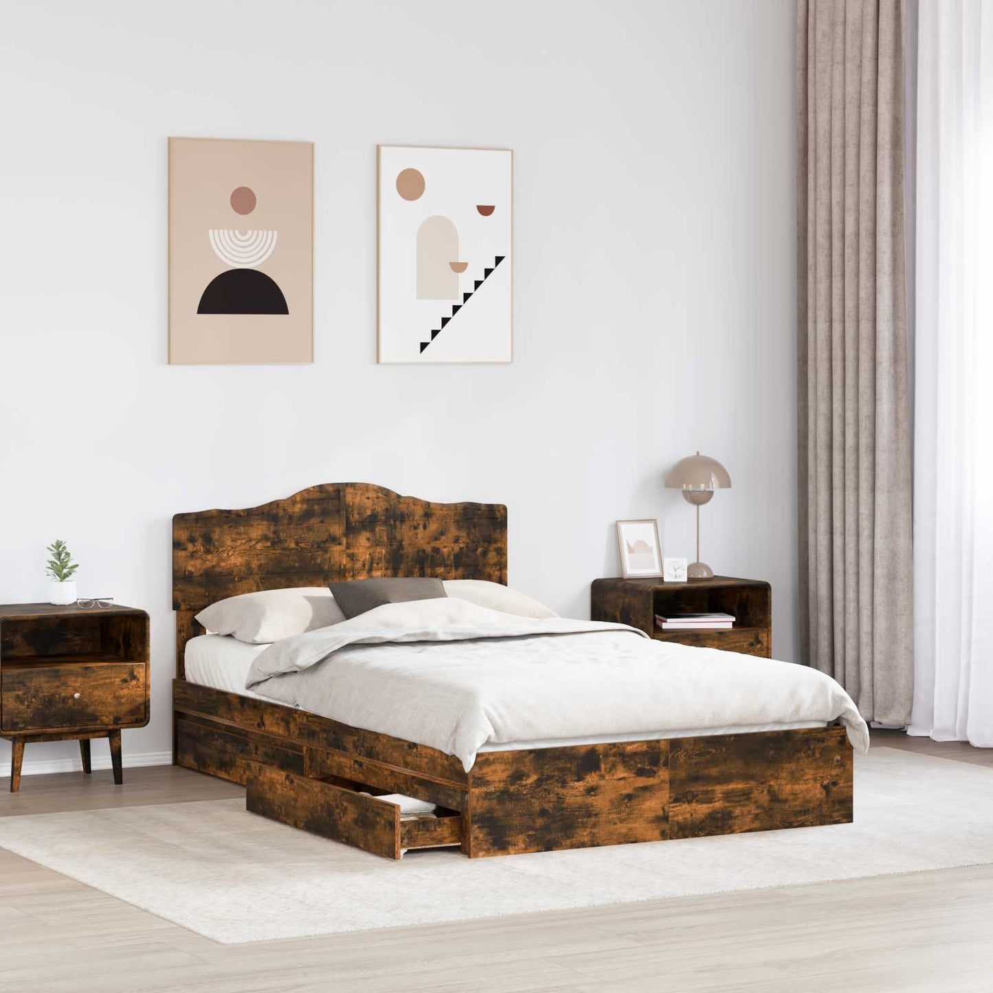 Storage Bed with Drawer Smoked Oak 135 x 190 cm Engineered Wood