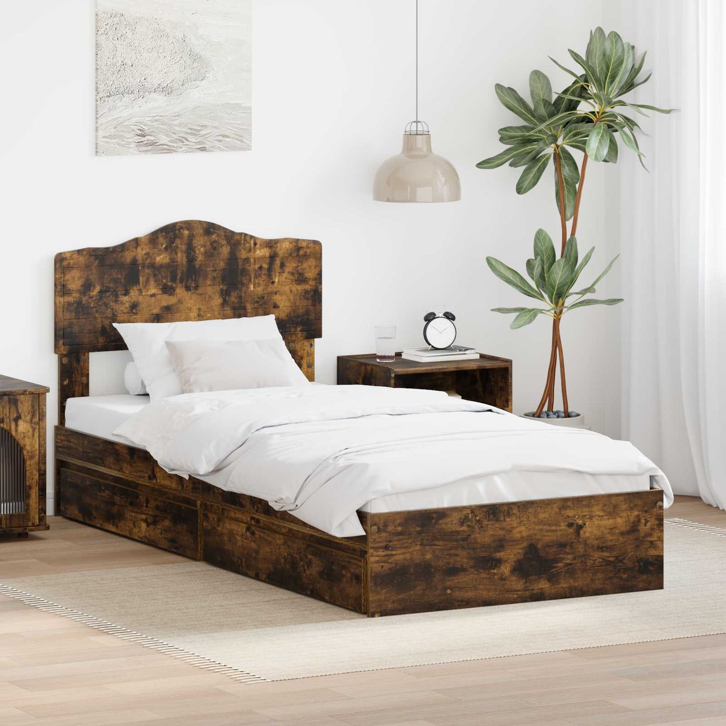 Storage Bed with Drawer Smoked Oak 100 x 200 cm Engineered Wood