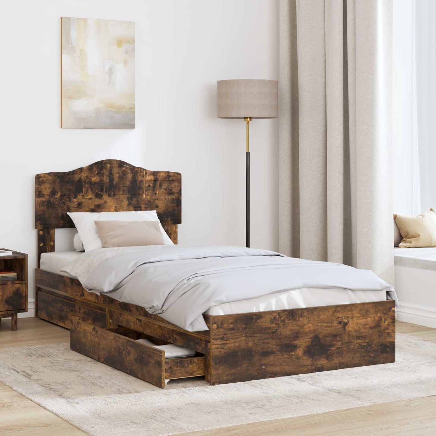 Storage Bed with Drawer Smoked Oak 100 x 200 cm Engineered Wood