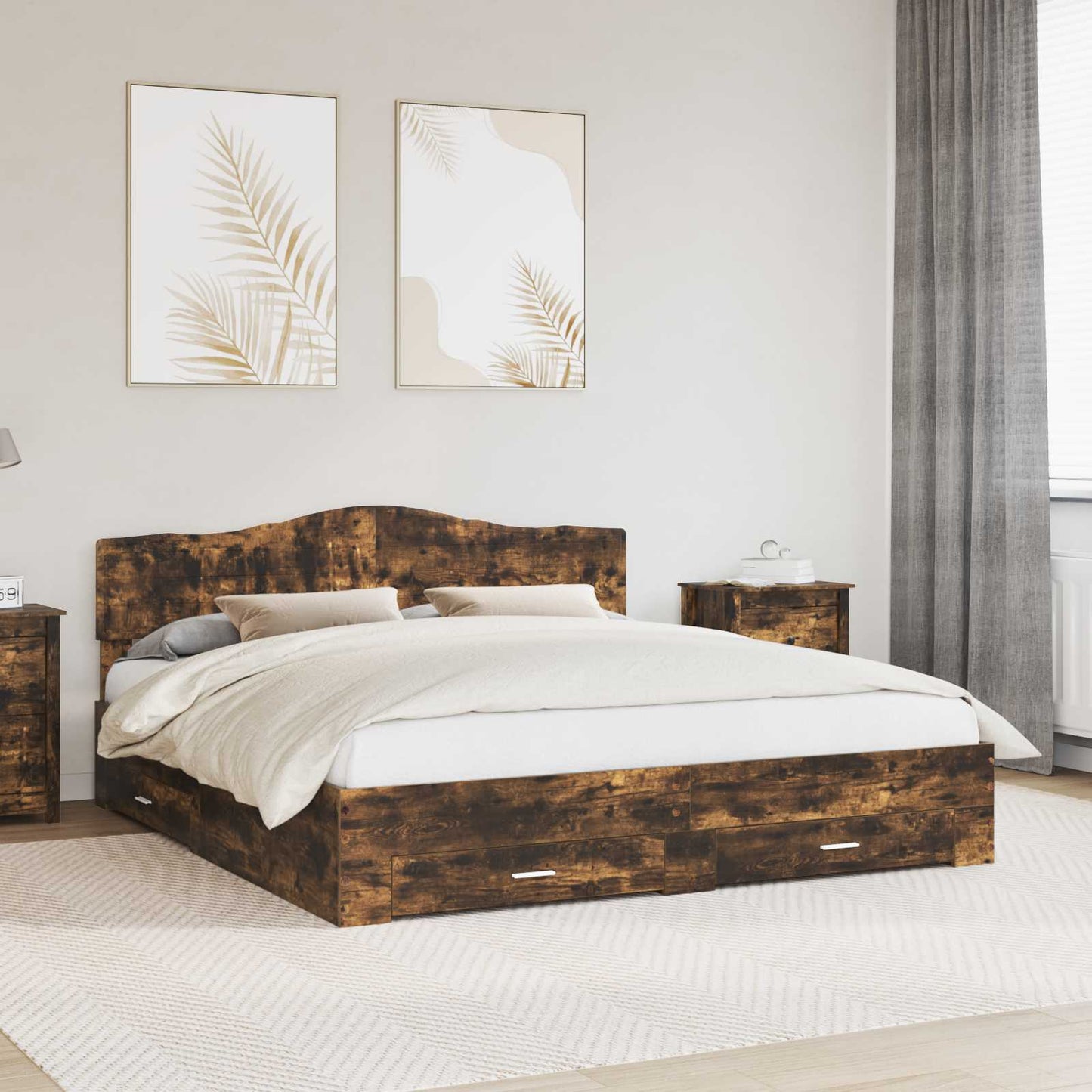Bed Frame with Drawer Smoked Oak 200 x 200 cm Engineered Wood