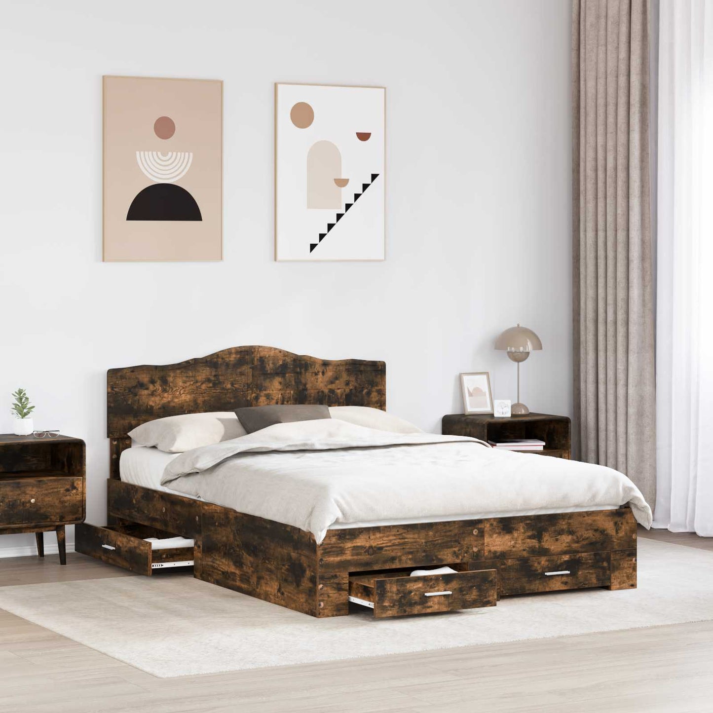 Bed Frame with Drawer Smoked Oak 140 x 200 cm Engineered Wood