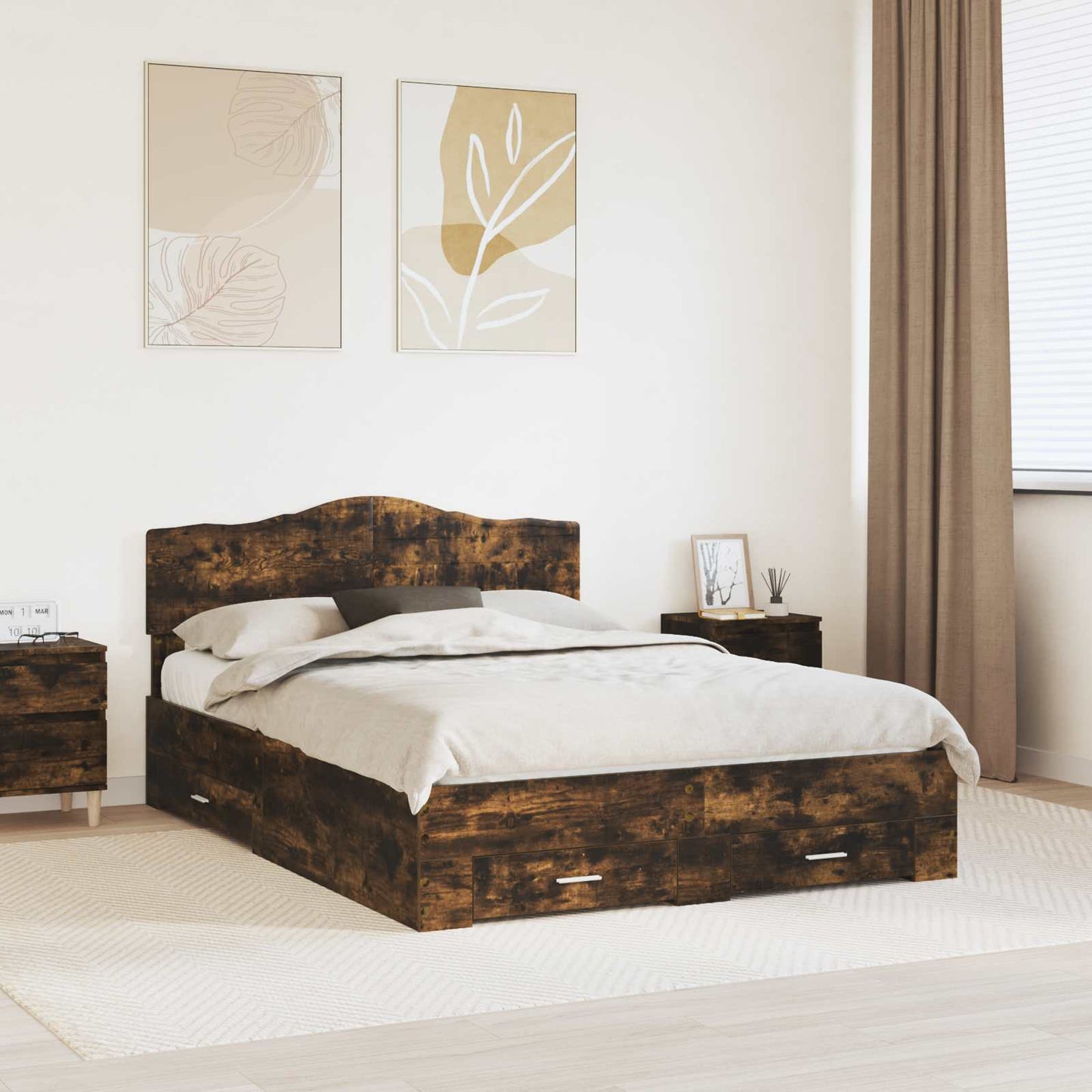 Bed Frame with Drawer Smoked Oak 140 x 190 cm Engineered Wood
