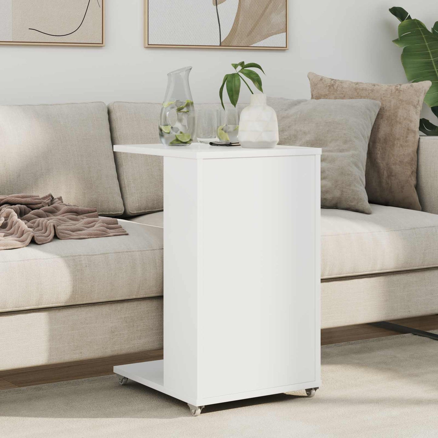 Side Table with Wheel White 40 x 35 x 60 cm Engineered Wood