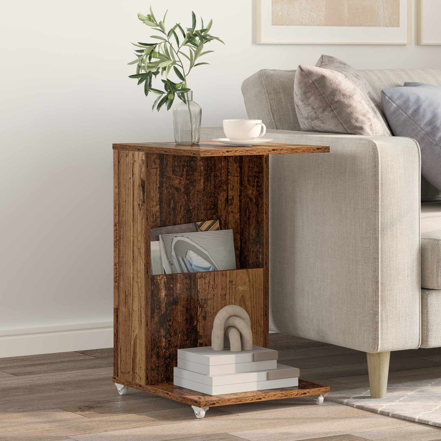 Side Table with Wheel Old Wood 40 x 35 x 60 cm Engineered Wood
