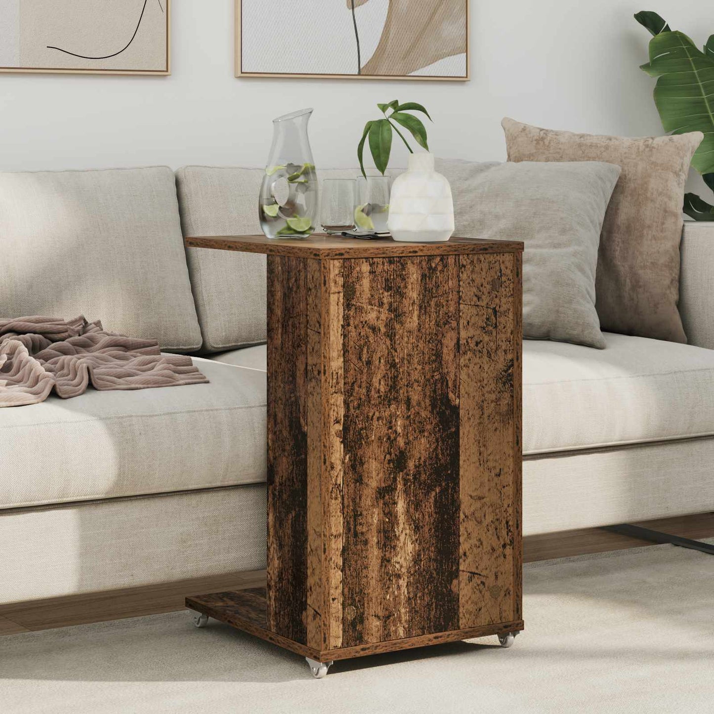 Side Table with Wheel Old Wood 40 x 35 x 60 cm Engineered Wood