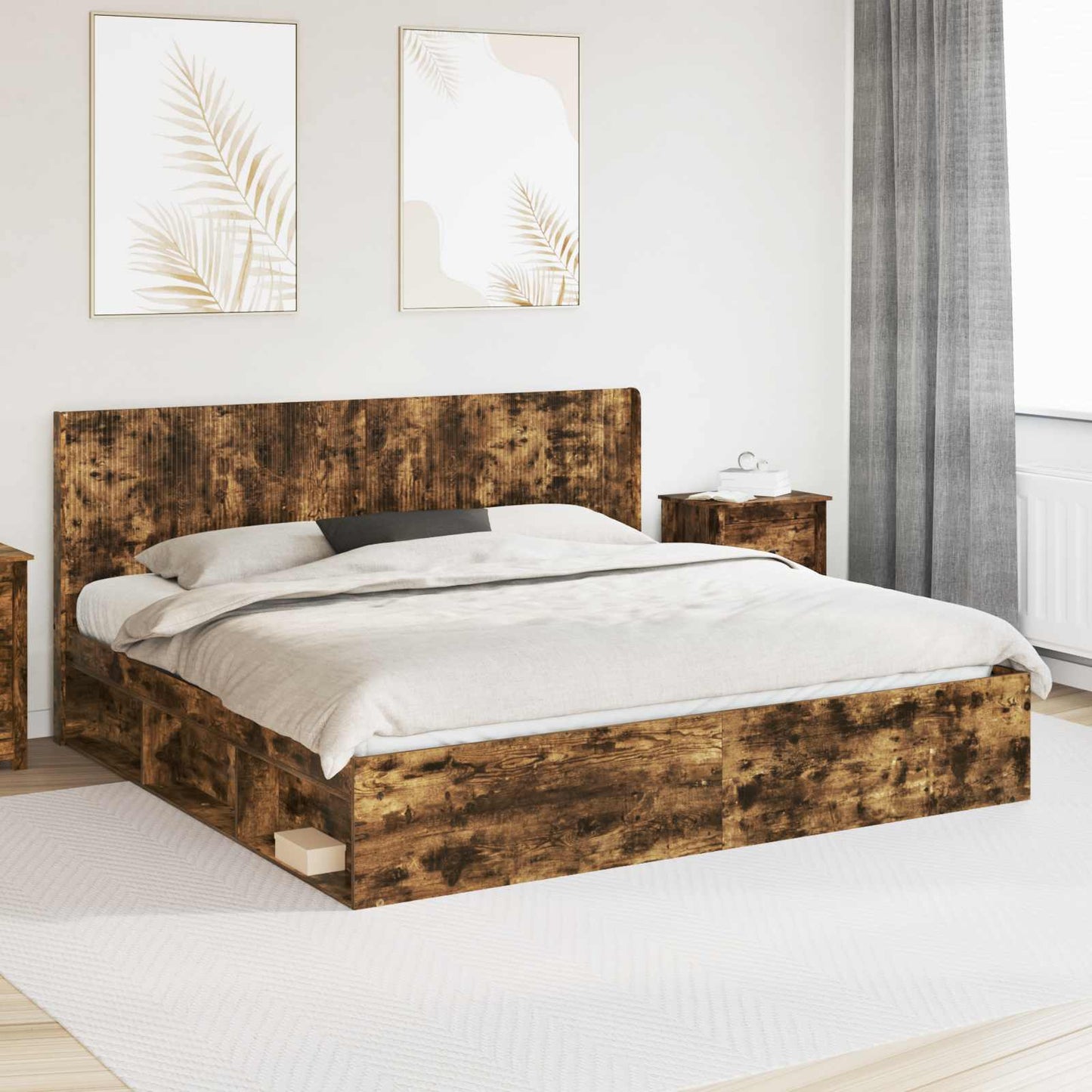 Bed Frame with Storage and Headboard Smoked Oak 200 x 200 cm
