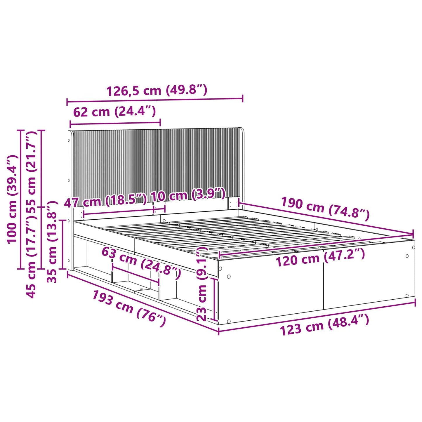 Bed Frame with Storage and Headboard White 120 x 190 cm