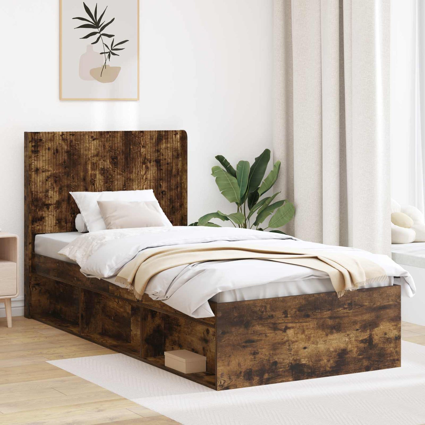 Bed Frame with Storage and Headboard Smoked Oak 100 x 200 cm