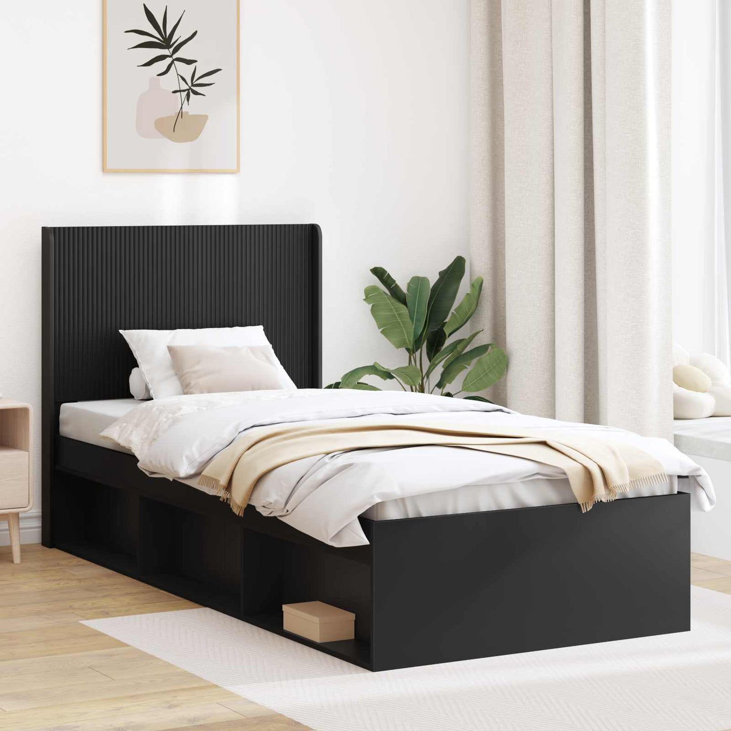 Bed Frame with Storage and Headboard Black 90 x 200 cm